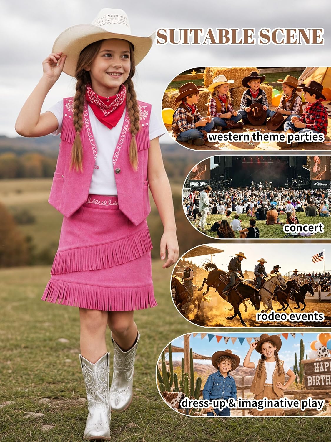 LOLANTA Cowgirl Outfits for Girls, Boho Western Fringe Vest Skirt 2Pcs Set, Kids Suede Tassel Country Concert Rodeo Clothes
