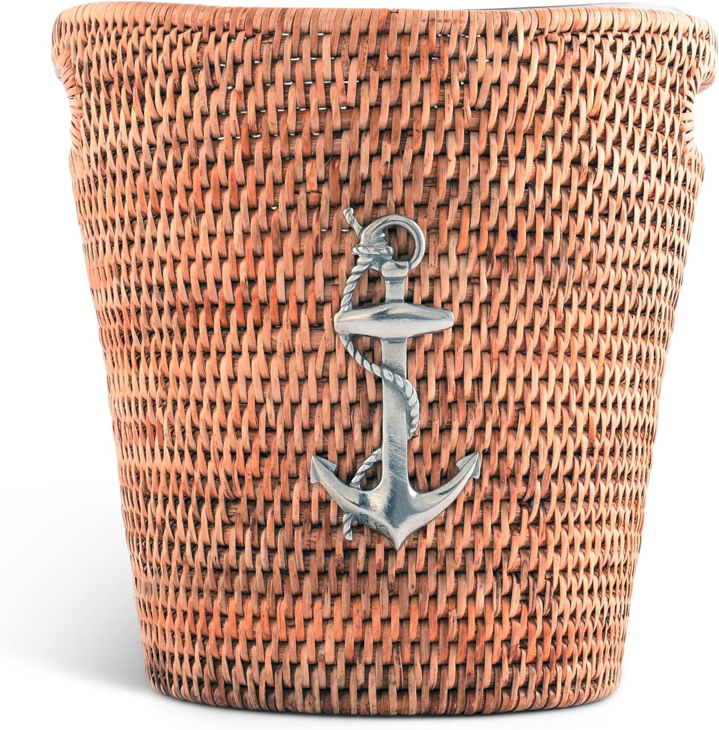 Vagabond House Beach Essentials - Wicker Rattan Champagne Bucket, 10 Inches Tall with Pewter Anchor, Ice Holder for Party, Coastal Bucket, Decorative Ice Chest for Kitchen, Beach House Coastal Decor