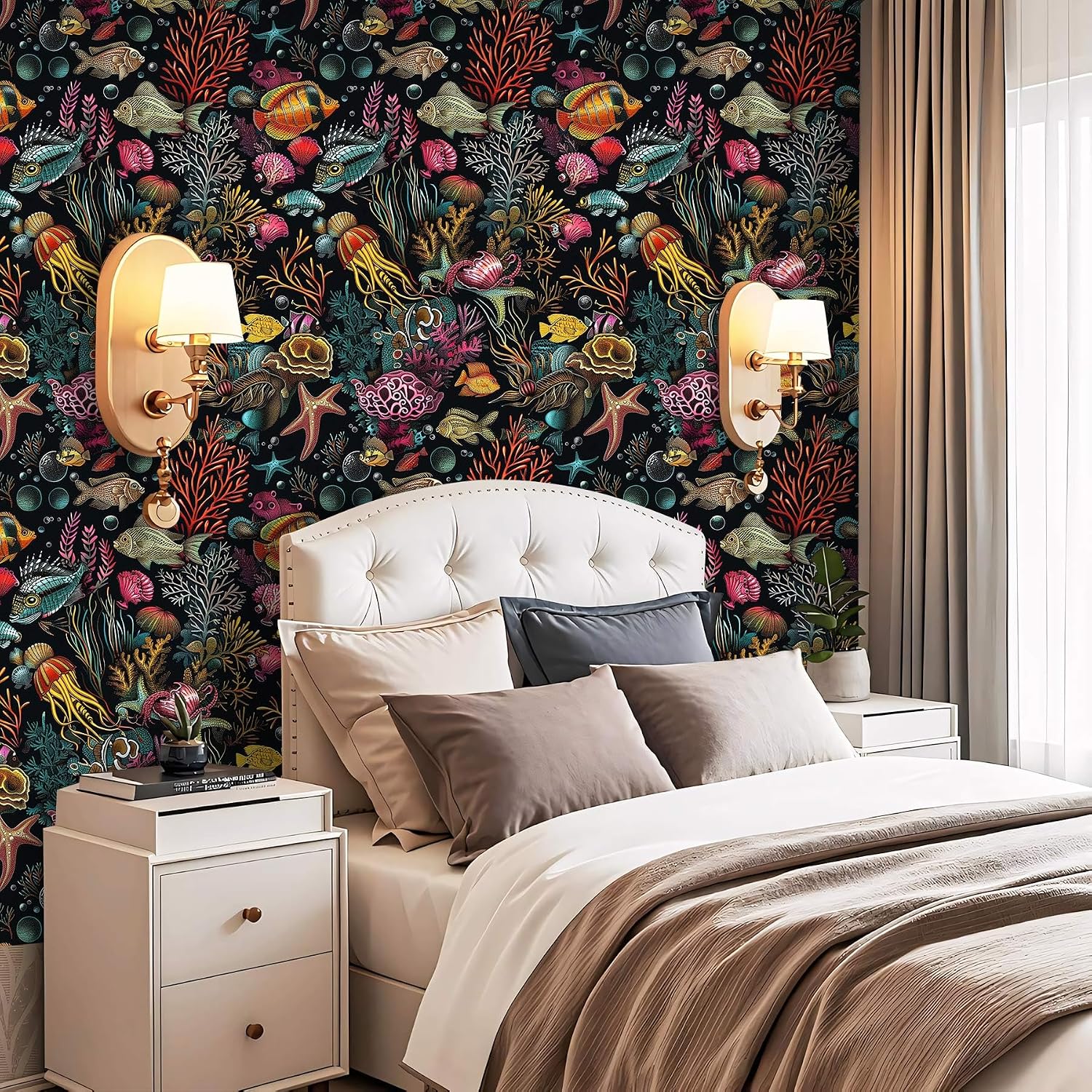 Fish Peel and Stick Wallpaper Ocean Coral Reef Wallpaper Self Adhesive Vinyl Wall Paper for DIY Home Decor 17.7in x 236in