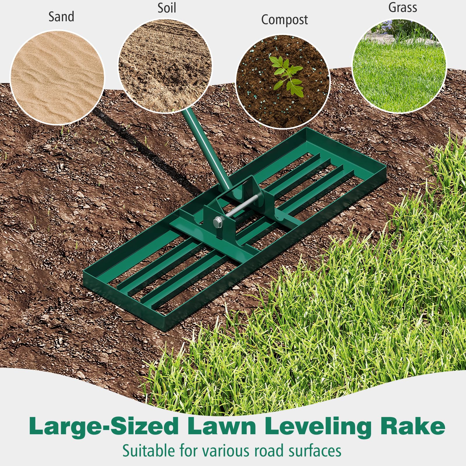 HOMASIS Rastrello Livellatore per Prato in Metallo con Manico Ergonomico e Impugnatura in Gomma, Rastrello per Foglie, Attrezzo per Prato per Campo da Golf e Cortile (Verde, 91 x 25 x 170 cm)