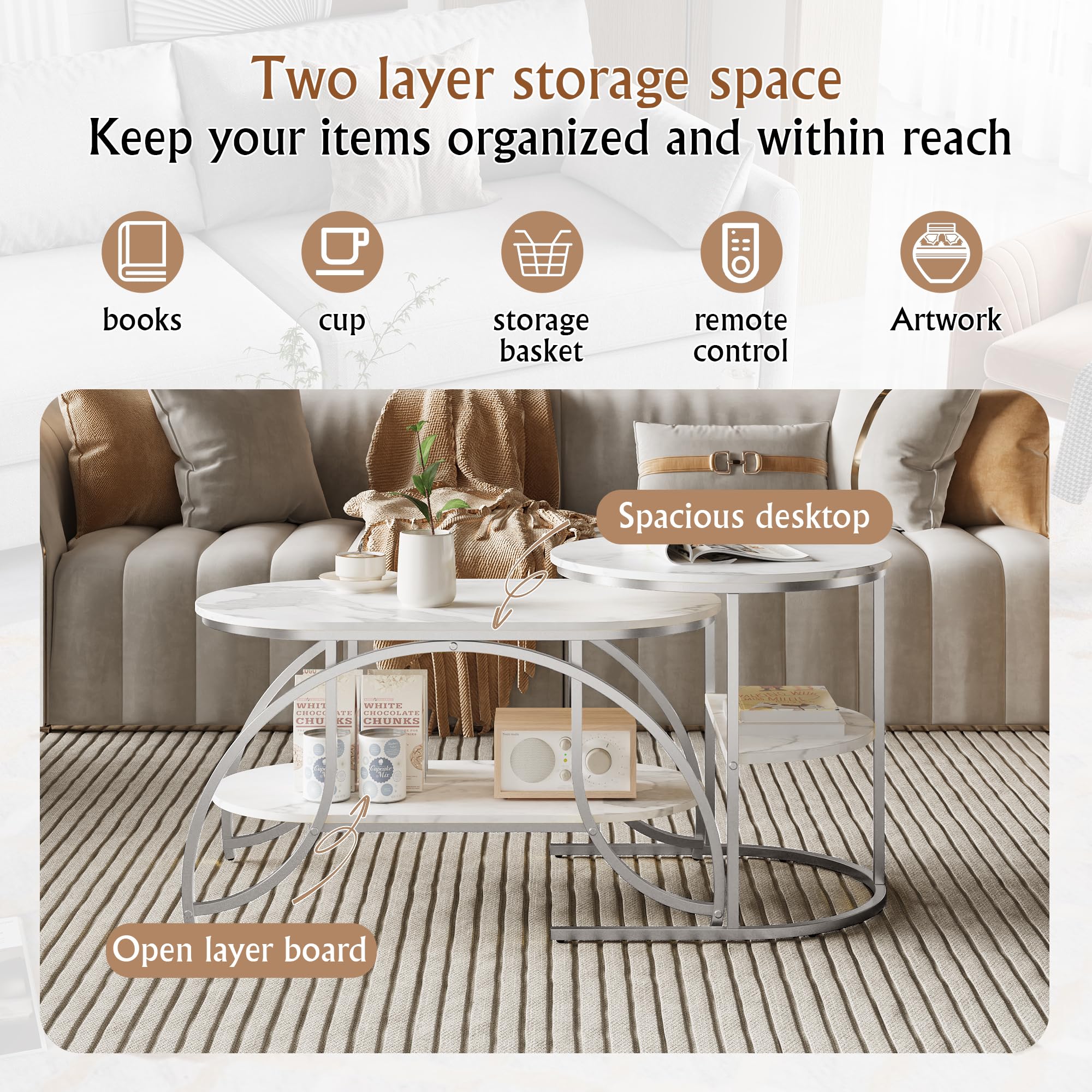 Lot de 2 Tables Basses, Table Gigogne Design Marbre, avec Espace de Rangement, Cadre en Métal, pour Canapé, Salon, Chambre (Argent + Blanc, 80x46x45 cm)