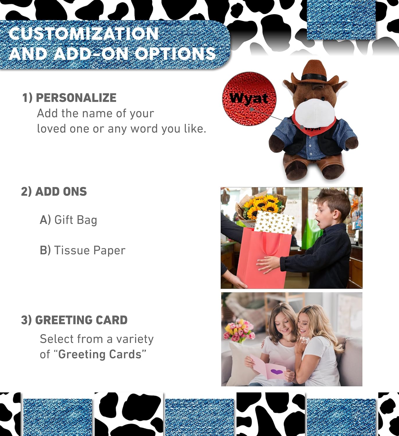 DolliBu Horse Stuffed Animal Cowboy Plush with Name Personalization - Western-Themed Horse Plush with Cute Cowboy Costume Denim Shirt Vest, Bandana, Leather Pants, and Hat - 6 Inches