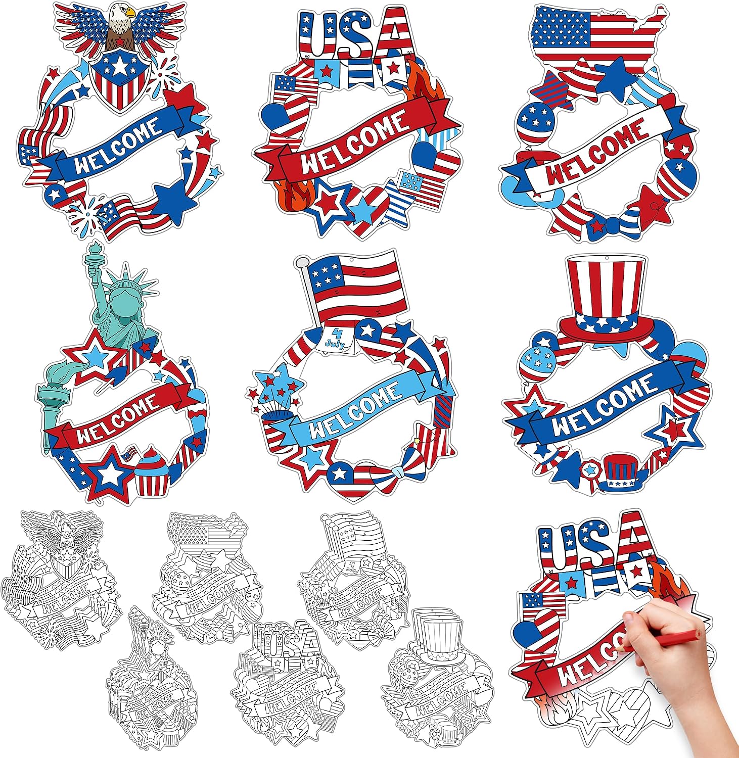 24Pcs Patriotic Coloring Wreath Crafts, 4th of July Color Your Own Crafts Blue Red White American DIY Paper Wreath Classroom Activities Games for 250th Anniversary Independence Day Home Decor Supplies