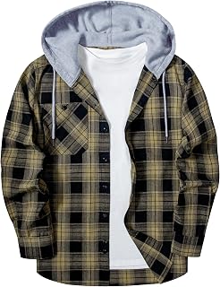 Hooded Flannel Shirts for Men Plaid Long Sleeve Flannel Jacket Hoodies | Button-Down, Lightweight Coat, Classic Plaid Shirts with Hood, Flannel Hoodies with Pocket