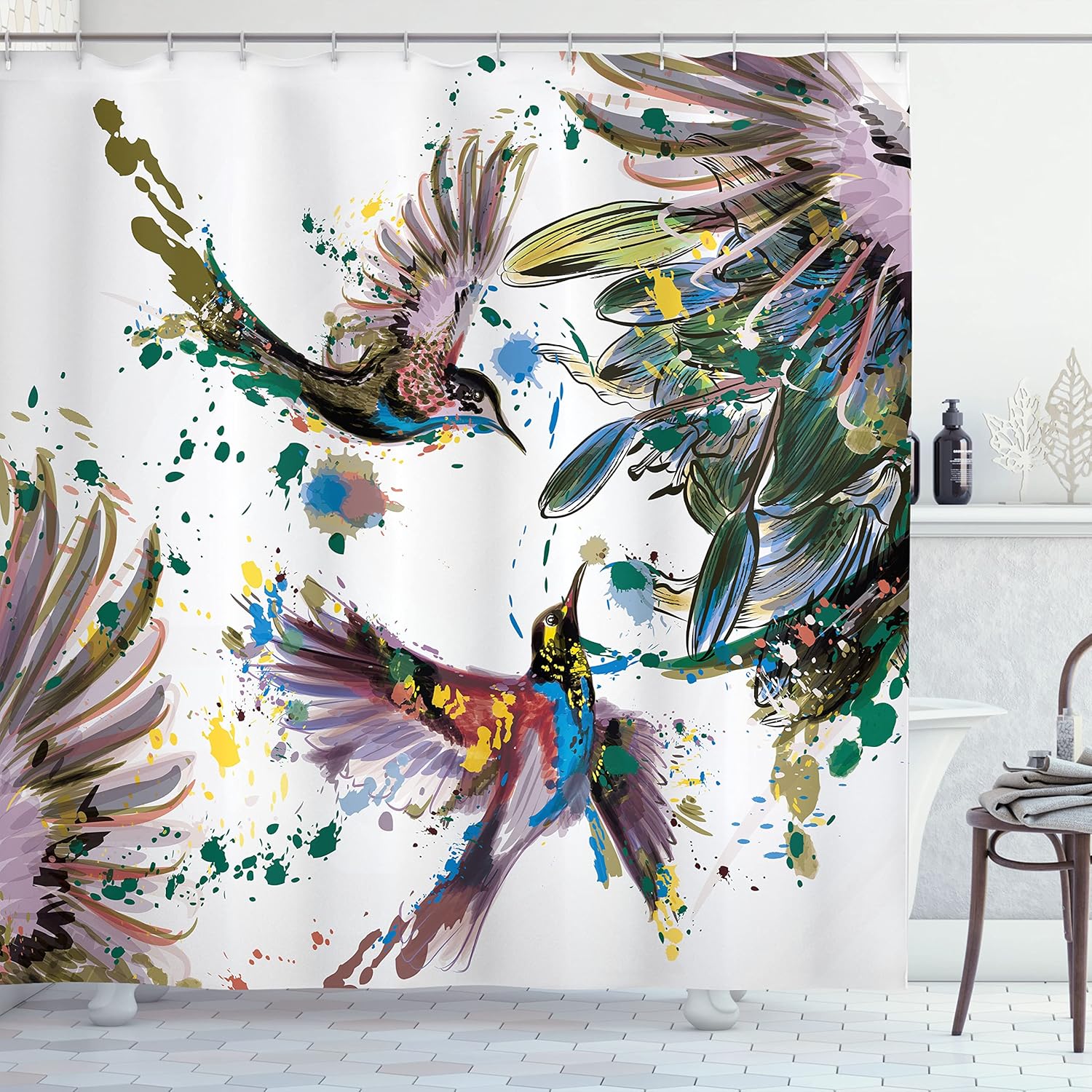 Ambesonne Hummingbird Shower Curtain, Art Lily Flowers Birds and Color Splashes in Watercolor Painting Style, Cloth Fabric Bathroom Decor Set with Hooks, 69" W x 70" L, Purple Grey