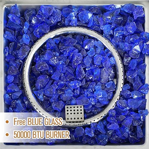 Miniatura 4 de MFSTUDIO Mesa para fogata de gas de 28 pulgadas, 50000 BTU de acero propano a rayas cuadrada con tapa y vidrio azul para patio, patio trasero y