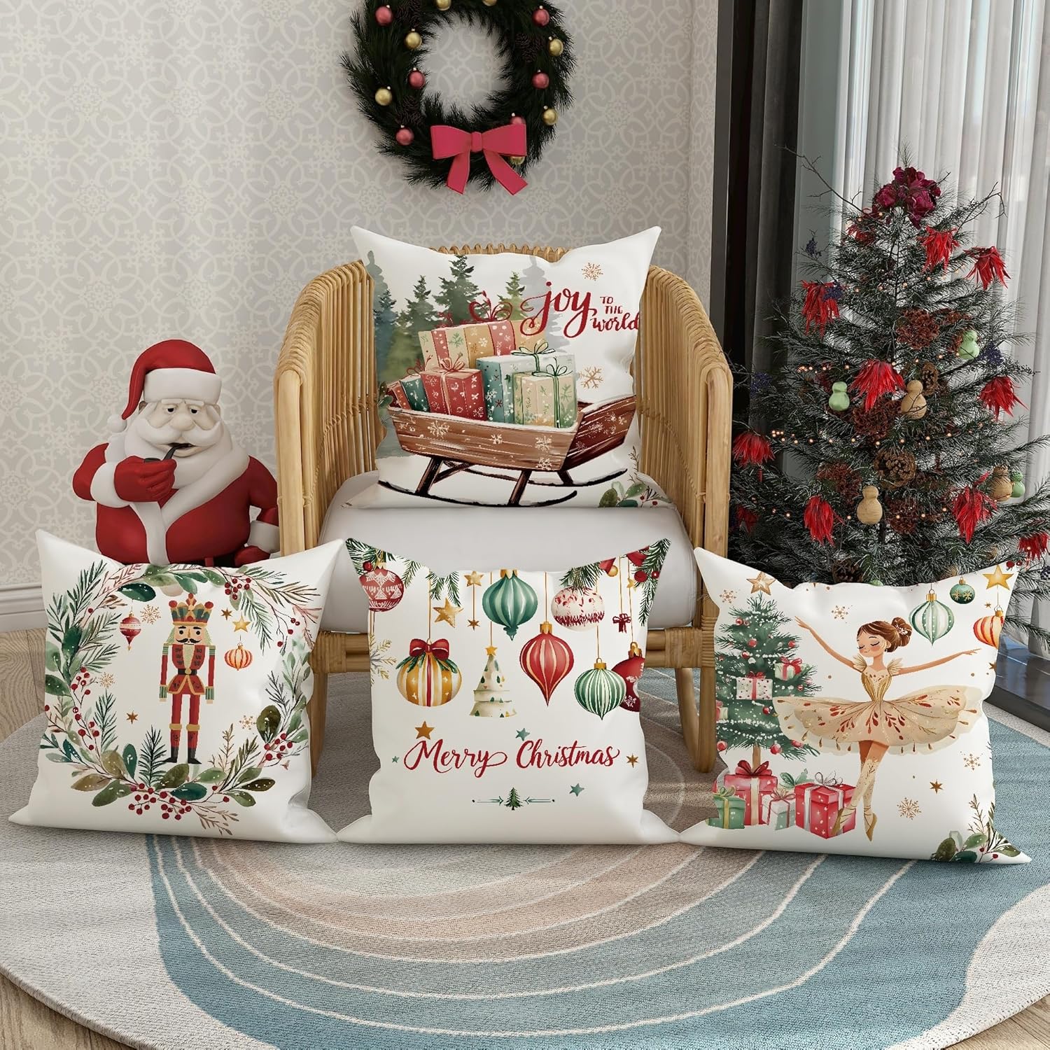 Christmas Throw Pillow Covers Set of 4, Festive Green and Red Holiday Cushion Cases, Decorative Square Seasonal Farmhouse Decor for Home Sofa Bed Couch 26x26 Inch