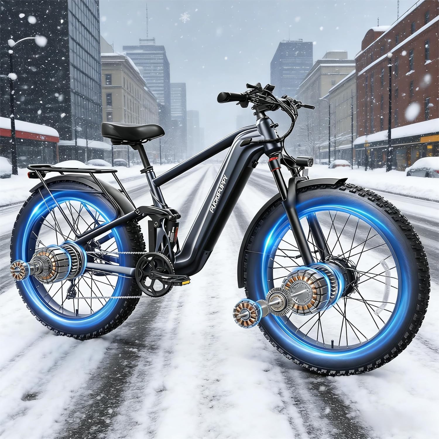 PUCKIPUPPY Dual Motor Electric Bike for Adults 1600W, 48V 20AH Battery with Torque Sensor, Full Suspension, 26" Fat Tire, 28MPH, 8 Speed Mountain Electric Bicycle, 80 Mile Range, Golden Retriever Pro