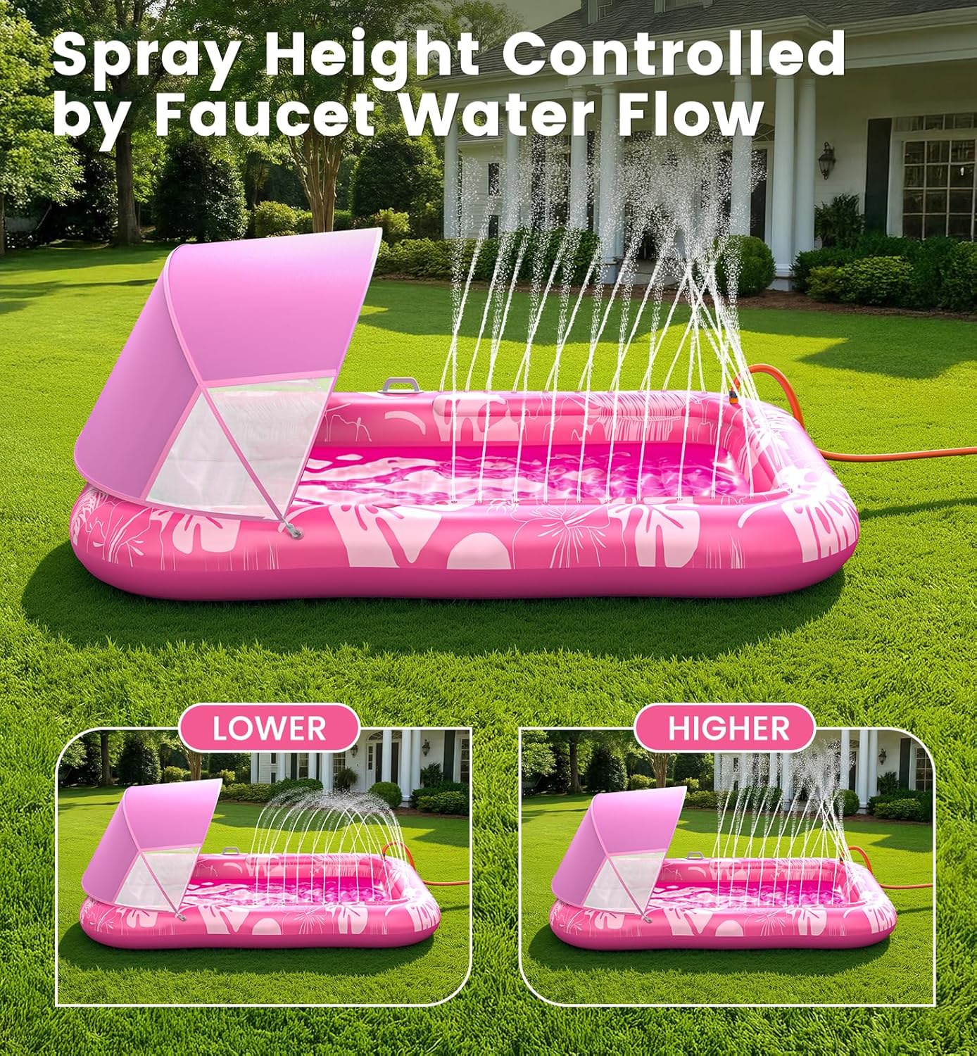 Inflatable Tanning Pool Lounger Float with Sprinkler & Canopy UPF50+, 77" x 48" Extra Large Tanning Pool Float for Adults, Sunbathing Water Lounge Bed with Pillow & Cup Holder for Backyard & Pool