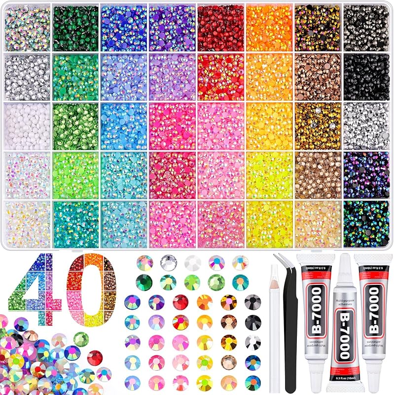BELLEBOOST 50000Pcs 40 Colors Jelly Rhinestones Bedazzling kit, 3mm Multicolor Resin Flatback Gems for Diamond Art, Bedazzler Kit with 3Pcs 10ml B7000 Jewelry Glue for Crafting Book Shoes Nail Art