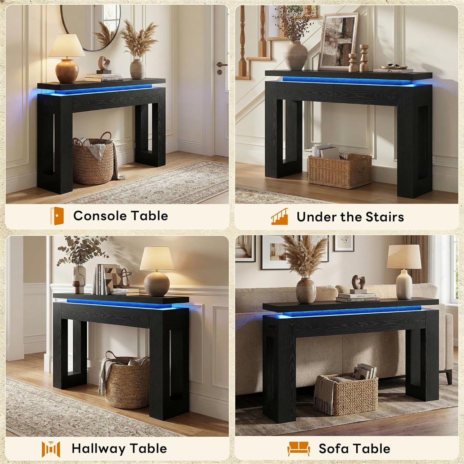 LIKIMIO Console Table with Drawers, Modern Entryway Table with LED Lights and Charging Station, Narrow Sofa Table with Storage Behind Couch for Entrance, Hallway, Living Room, Black