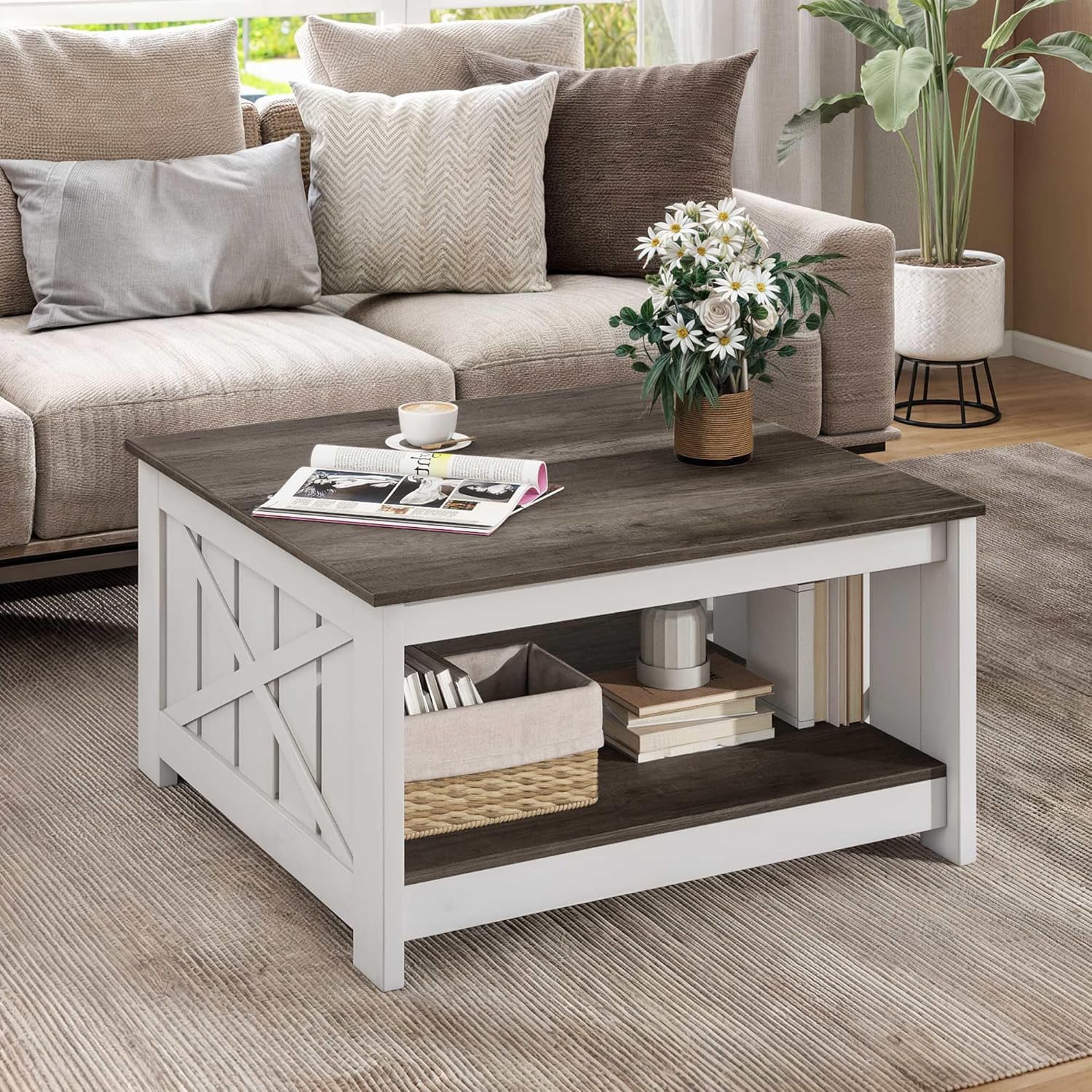 DWVO Square Coffee Table for Living Room, Farmhouse Coffee Table with Storage, 2-Tier Wood Coffee Tables Center Table with Half Open Storage Compartment, Grey Wash