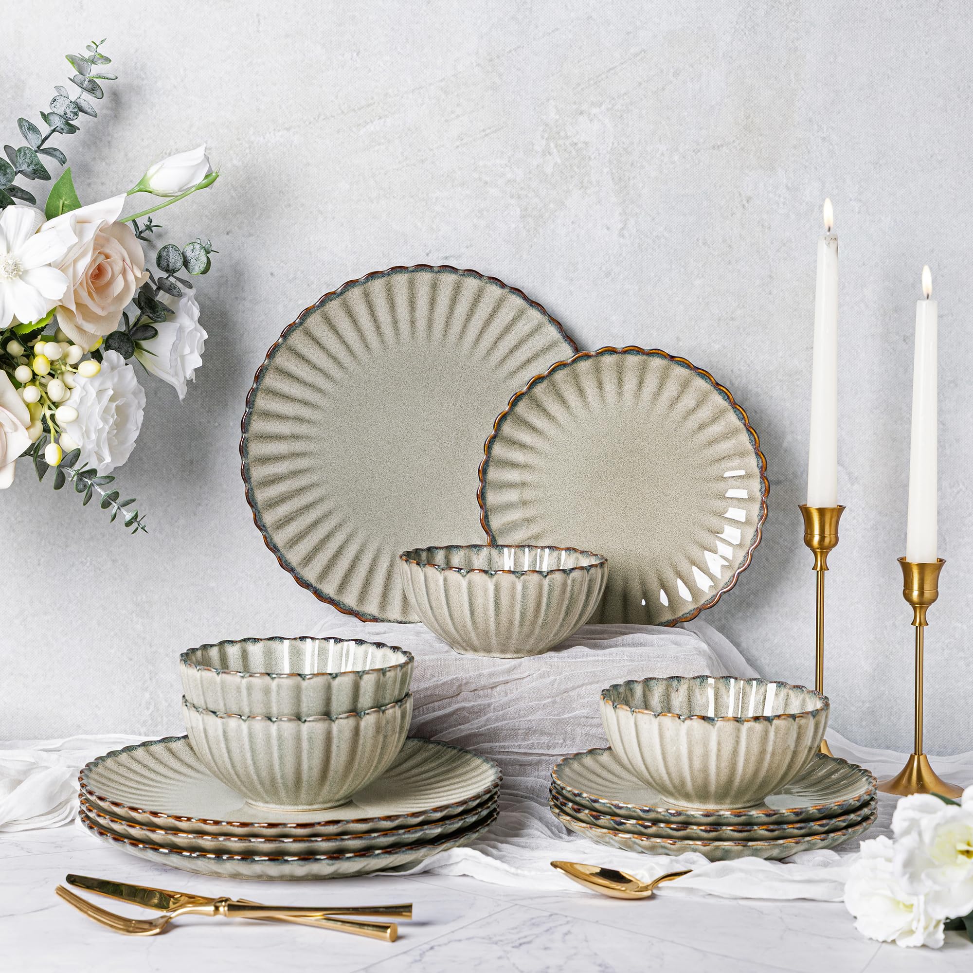 GBHOME Stoneware Dinnerware Sets for 4,Handcrafted Embossed Design Reactive Glaze Ceramic Plates and Bowls, Dishwasher and Microwave Safe, Service for 4(12pcs)