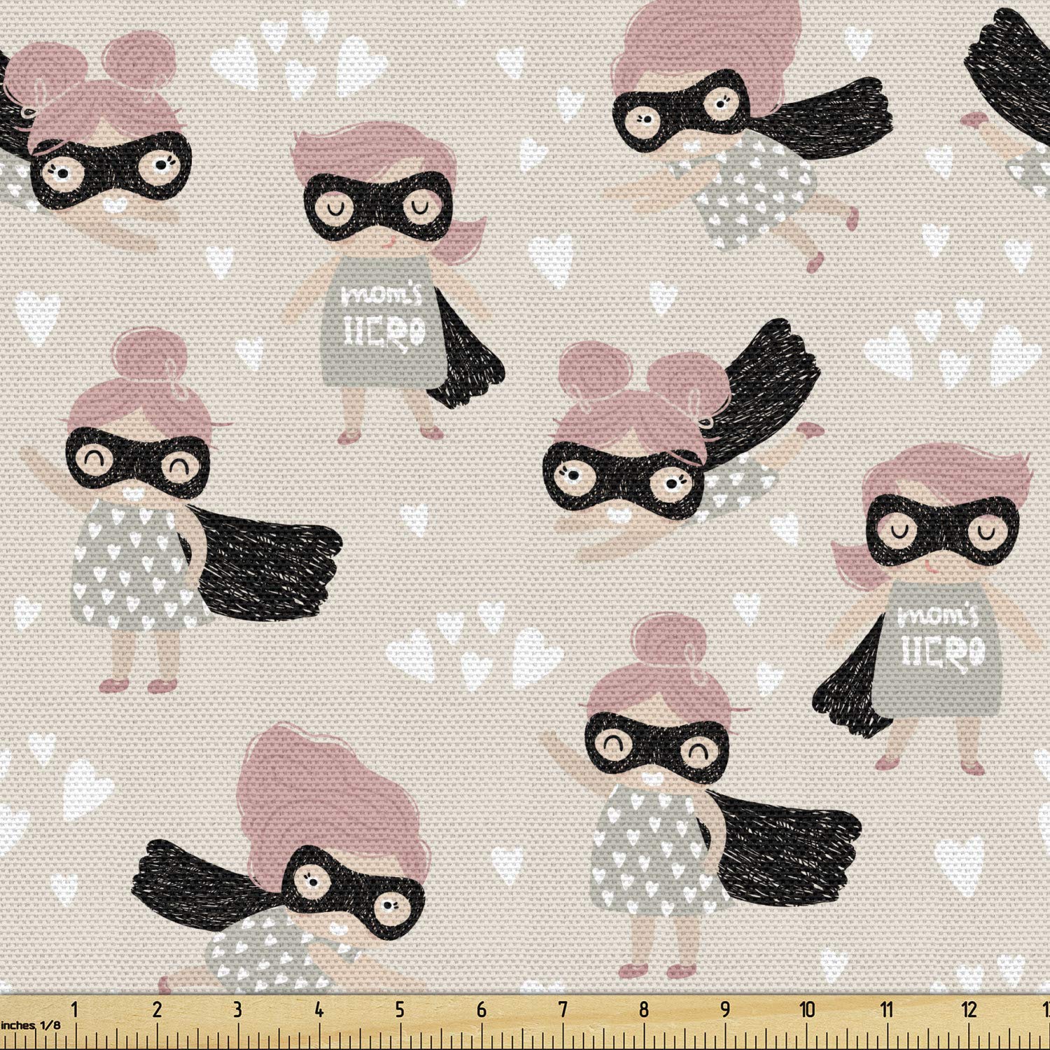 Lunarable Cartoon Fabric by The Yard, Little Girl Hero with a and Cape Super Pastel Print, Decorative Fabric for Upholstery and Home Accents, 2 Yards, Peach Black
