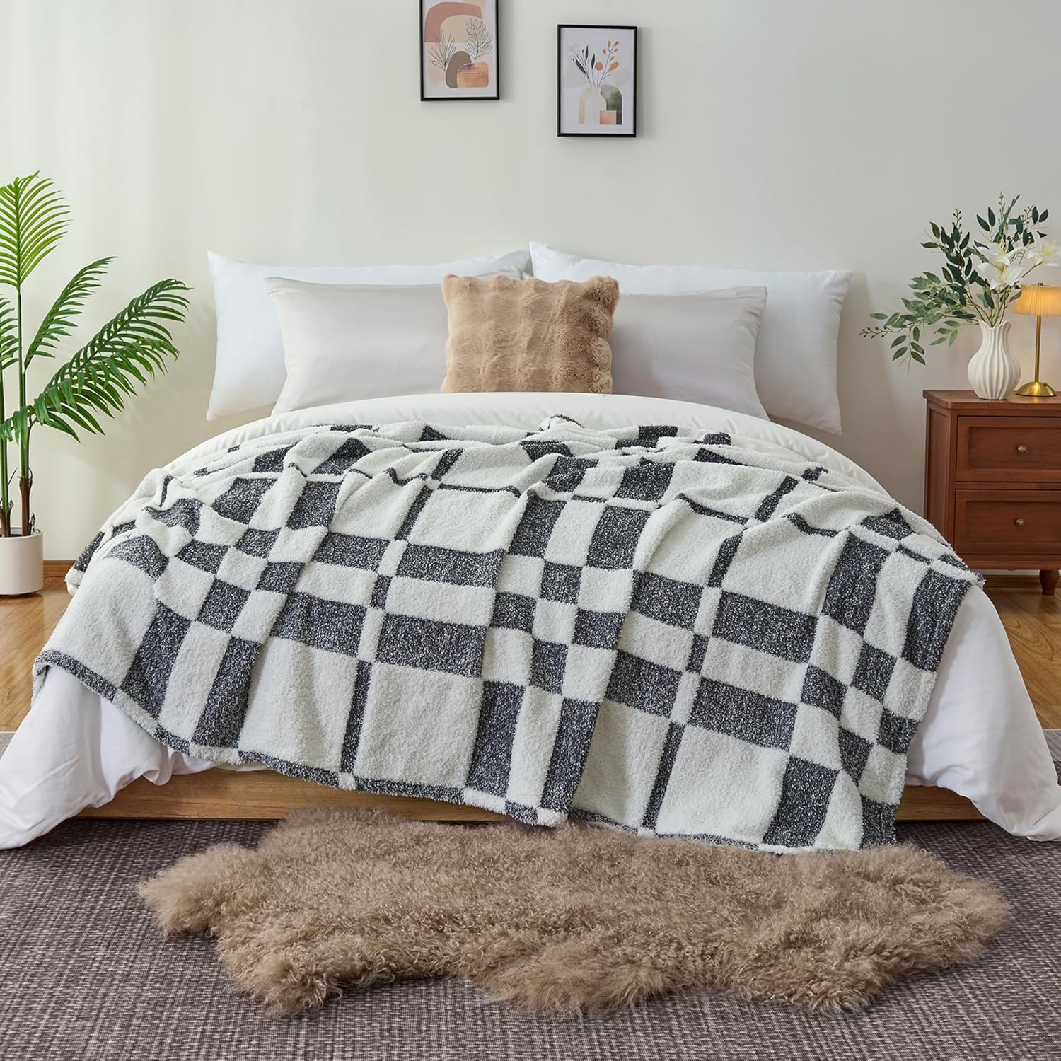 Winter Plaid Throw Blanket Fluffy Fuzzy Soft Lightweight Cozy Farmhouse Tassels Checkered Knitted Throws for Couch Sofa Bed (Black, 50"x60")
