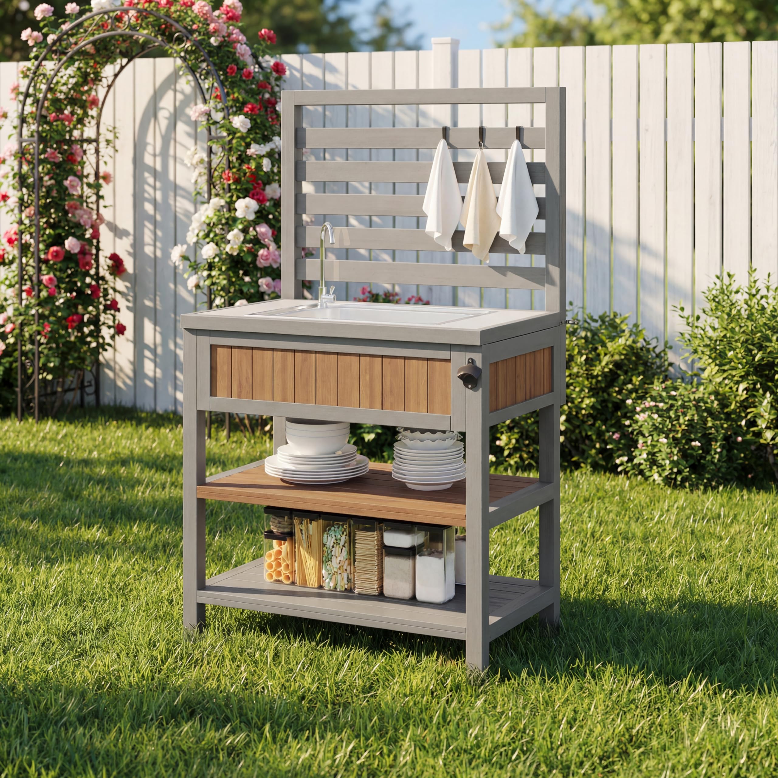 Gartenschrank mit Wasserbecken & Wasserhahn integriertem Flaschenöffner – wetterfester Geräteschrank mit großer Arbeitsfläche & Schublade, Grillstation mit verstellbaren Regalen