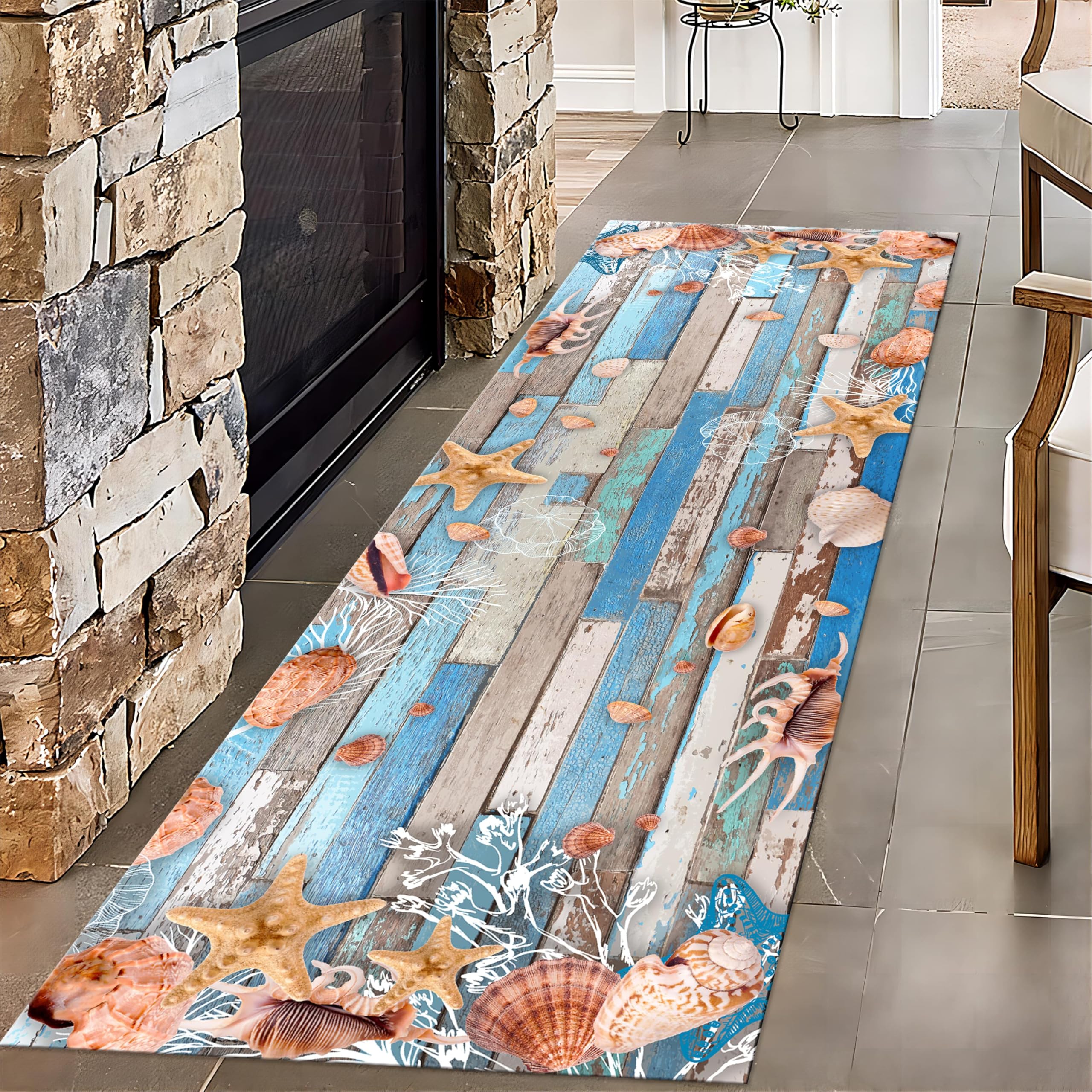 PLMHXC Beach Blue Board Runner Rugs for Hallway, 3.3x10ft, Starfish Shell Coastal Rug for Indoor, Durable Shed Resistant Front Porch Rug, Cozy Soft