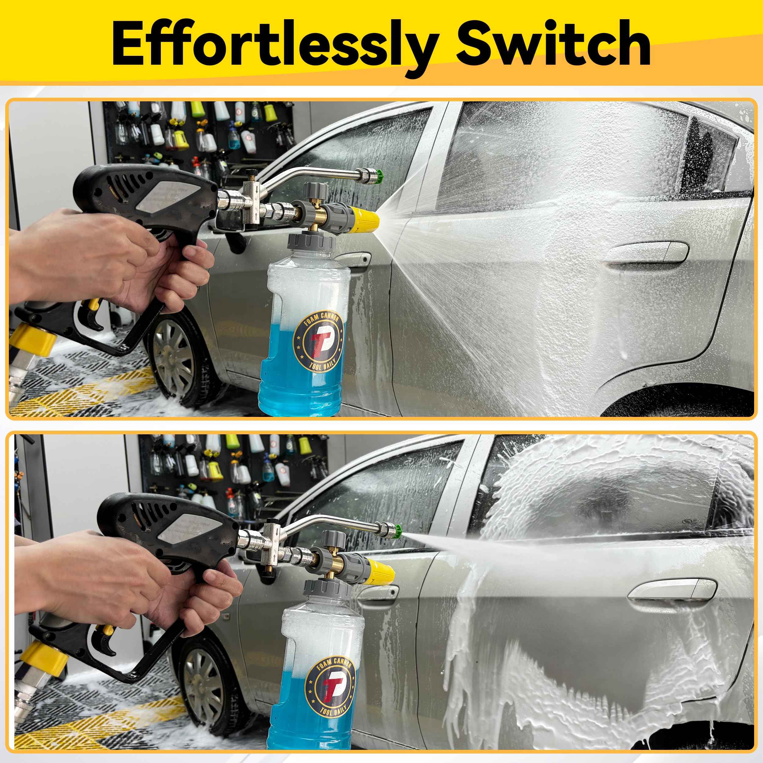 Tool Daily Cañón de espuma con pistola de lavado a presión, accesorio de doble conector, pistola de lavado eléctrica con conector giratorio de 3/8 pulgadas, cañón de jabón ajustable con accesorios de