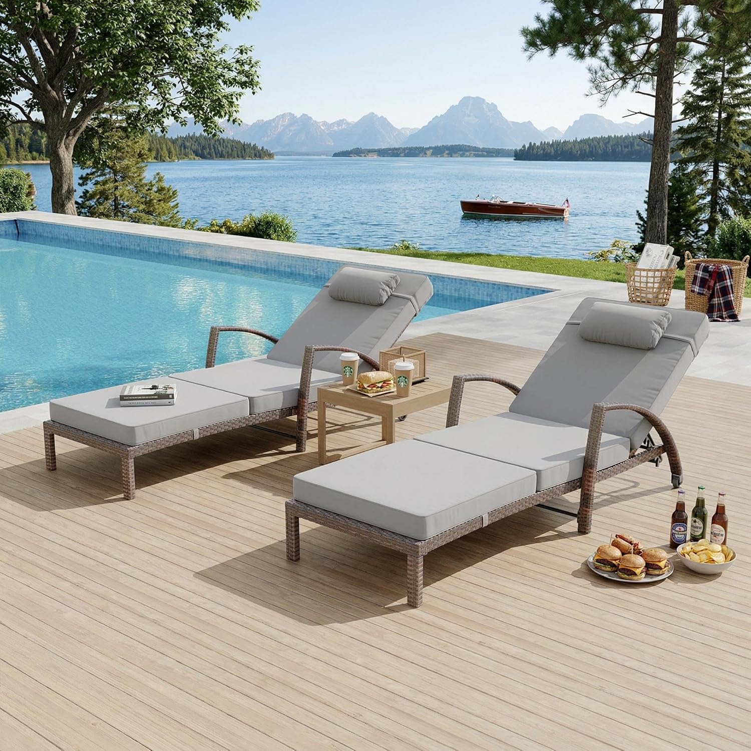 IDEALHOUSE Adjustable Outdoor Chaise Lounge, 5-Position Reclining Wicker Patio Chairs Set of 2 with Thick Cushions & Wheels for Poolside, Patio & Garden, Gray