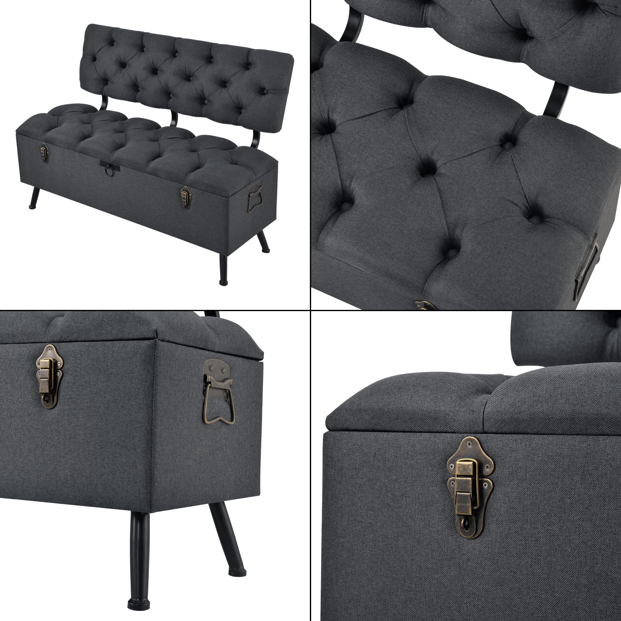 [en.casa] Banco Tapizado 110 x 48 x 75 cm Asiento Cómodo Banqueta Puf Acolchado Pasillo Salón Dormitorio Gris Oscuro