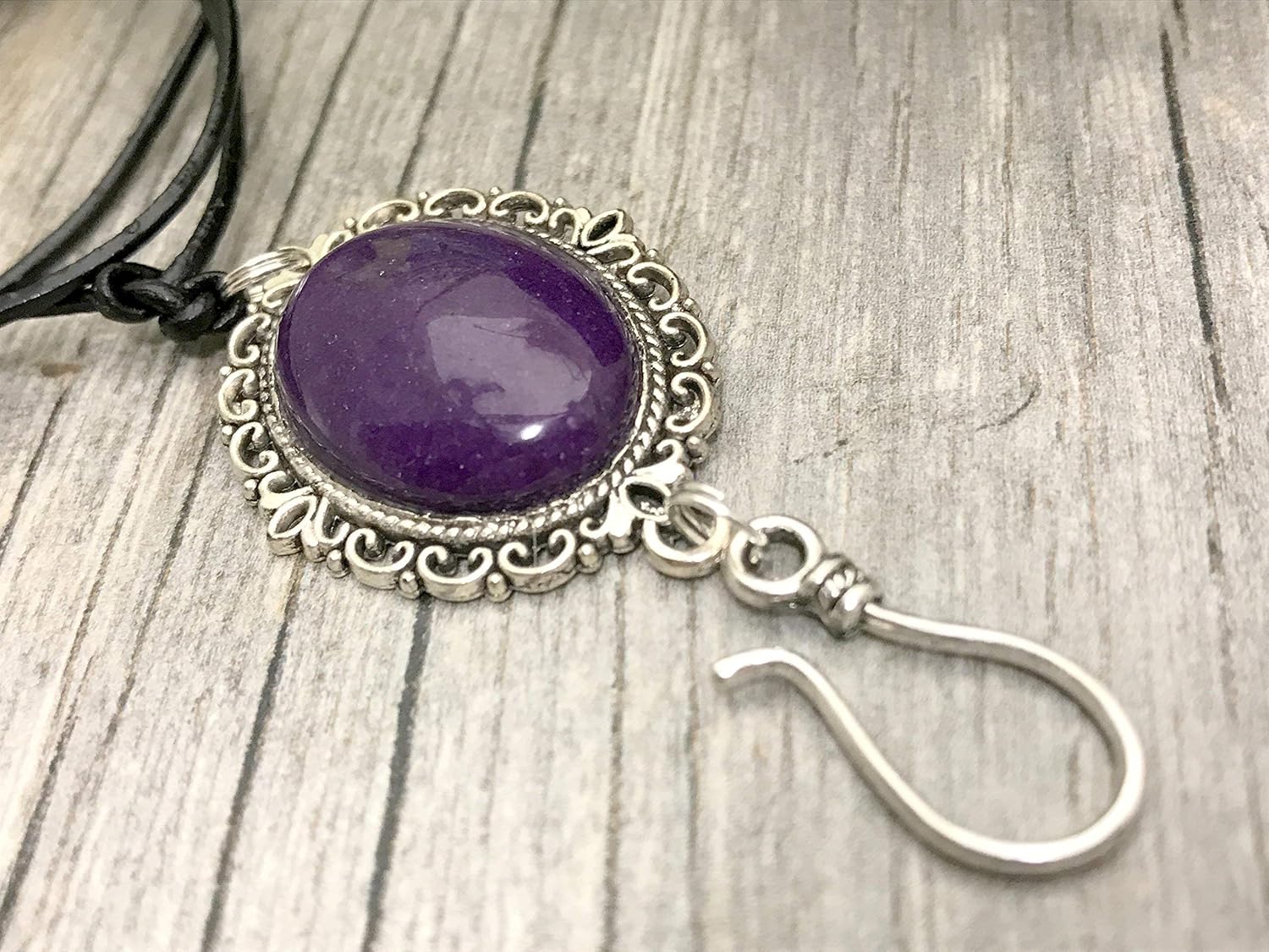 Adjustable Portuguese Knitting Necklace- Leather Sliding Knot- Purple Mountain Jade