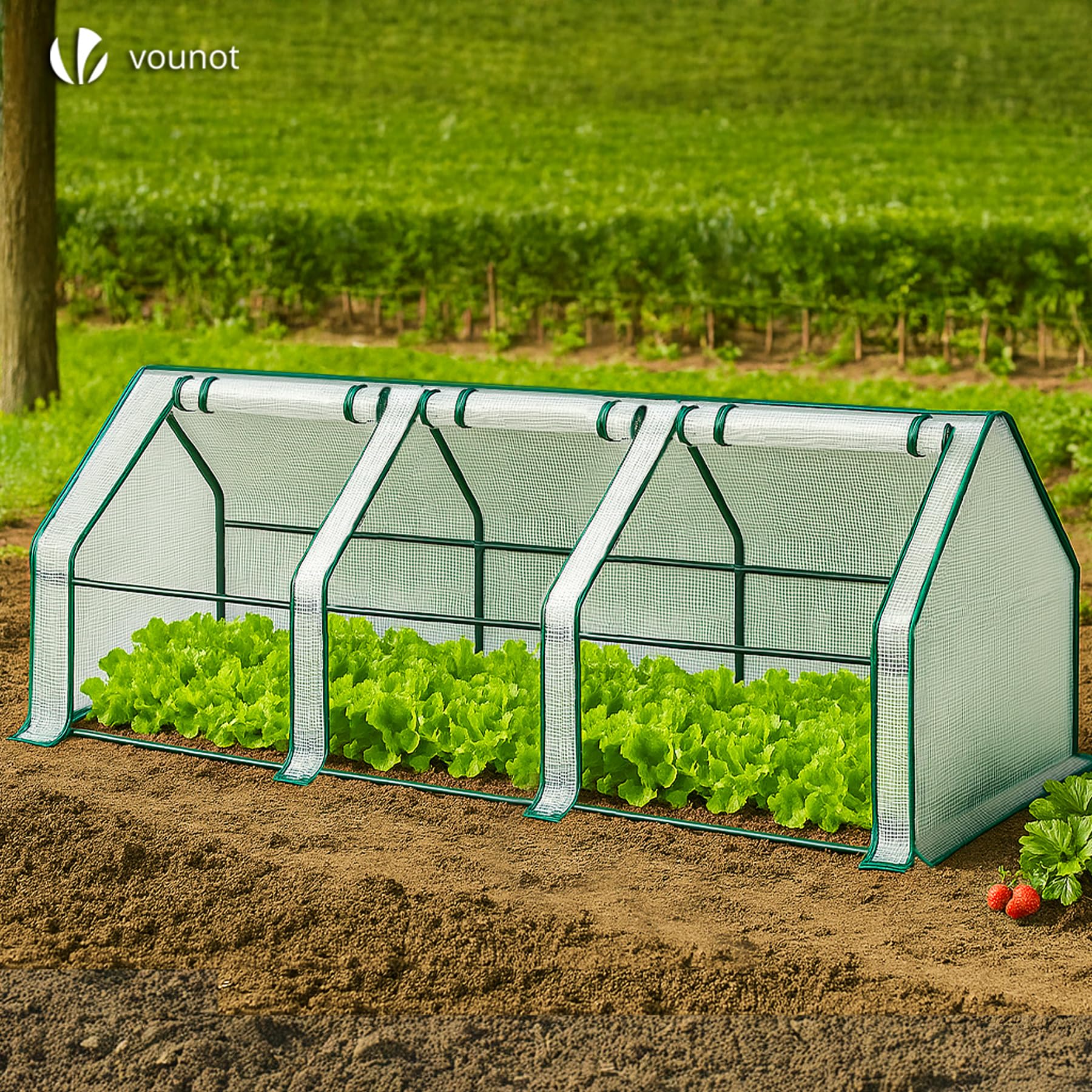 VOUNOT® Mini Serra da Giardino a Tetto a Punta 270x90x90cm, con 3 Finestre Laterali Avvolgibili, Copertura in PE Rinforzato 135g/m² e Telaio in Acciaio, per Orto, Pomodori, Fiori, Verdure, Bianco