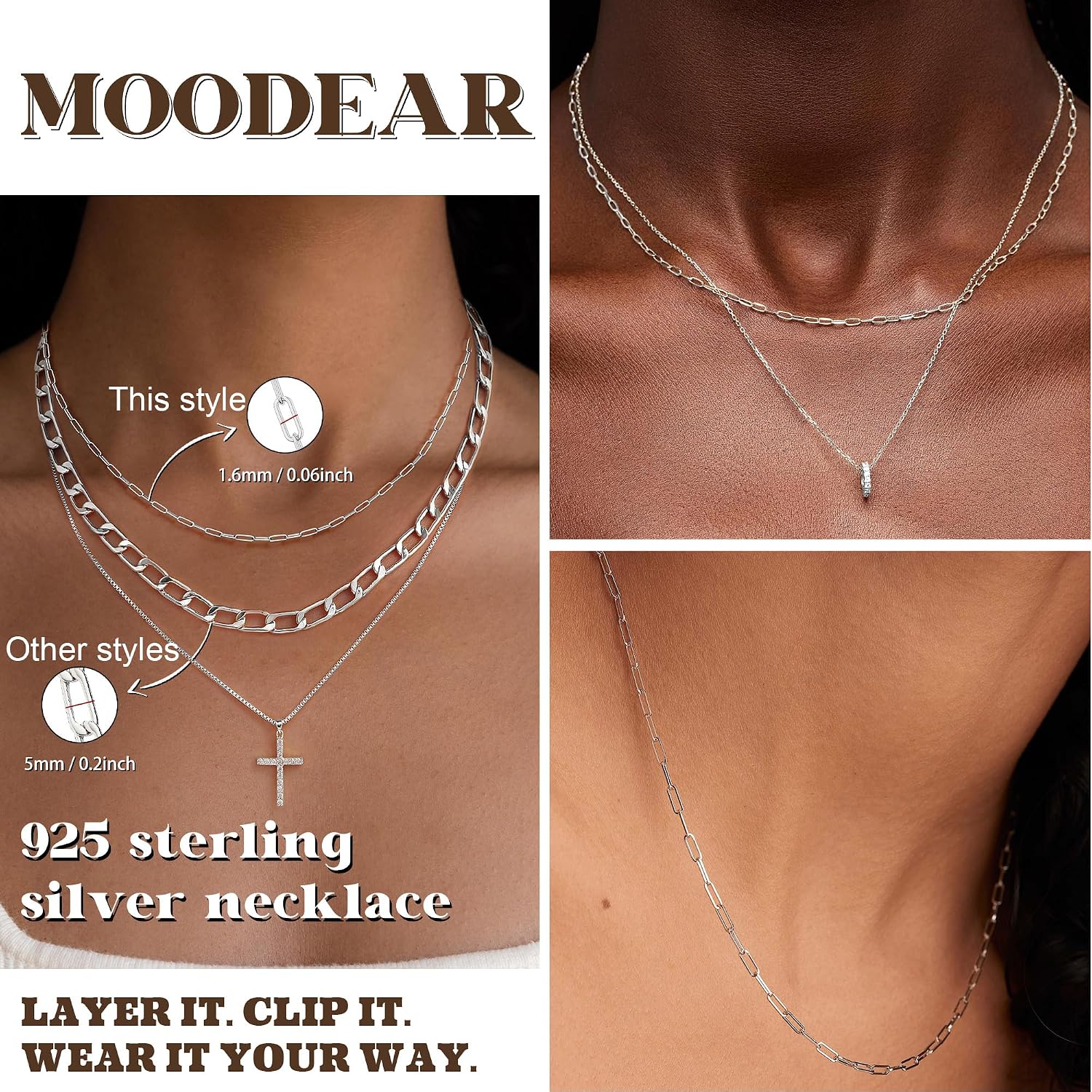 Moodear 925 Sterling Silver Paperclip Necklace for Women, 1.6mm Slender Link Chain, 14K Gold Plated Dainty Choker, Waterproof Trendy Jewelry Gifts for Girlfriend or Wife