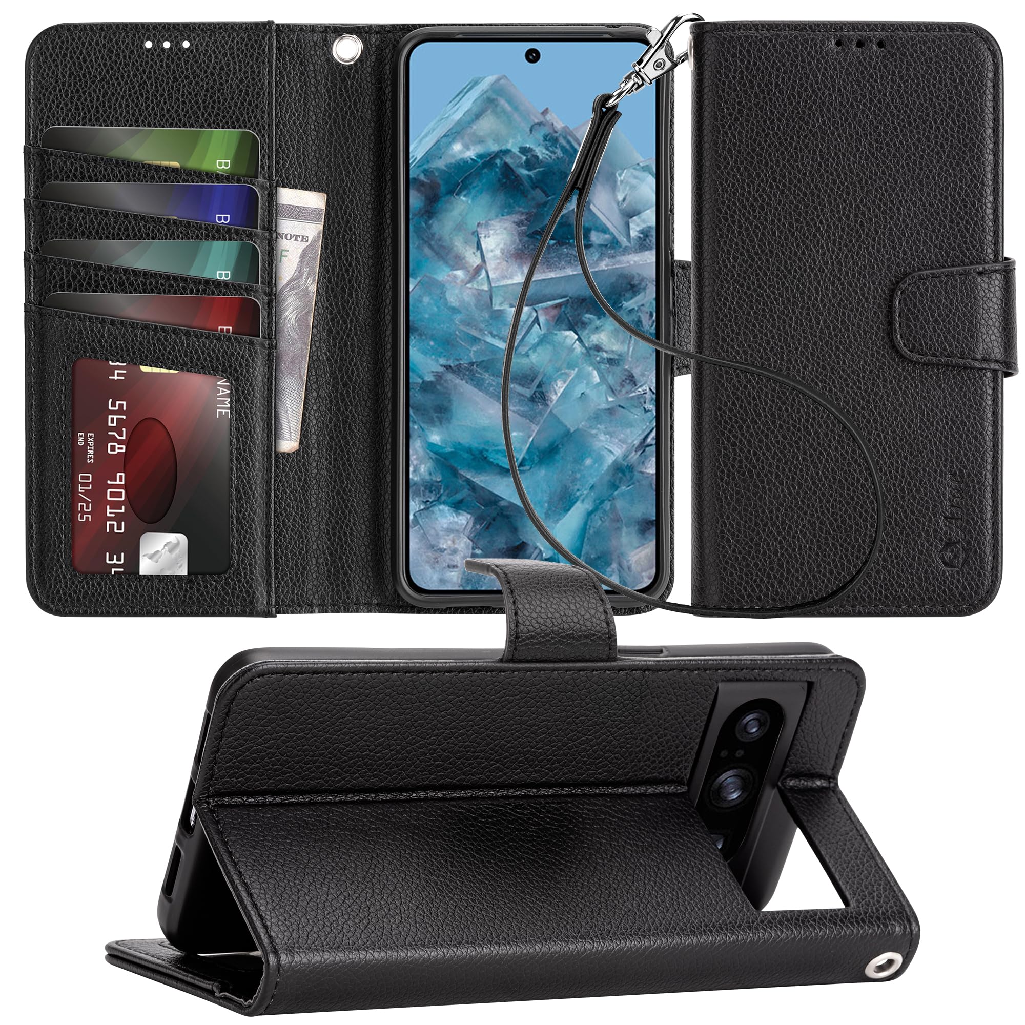 Arae Compatible with Google Pixel 8 Pro Case with Card Holder and Wrist Strap Wallet Flip Cover for Google Pixel 8 Pro 6.7 inch Men/Women, Kickstand, Wristlet, RFID Blocking,Litchi Black