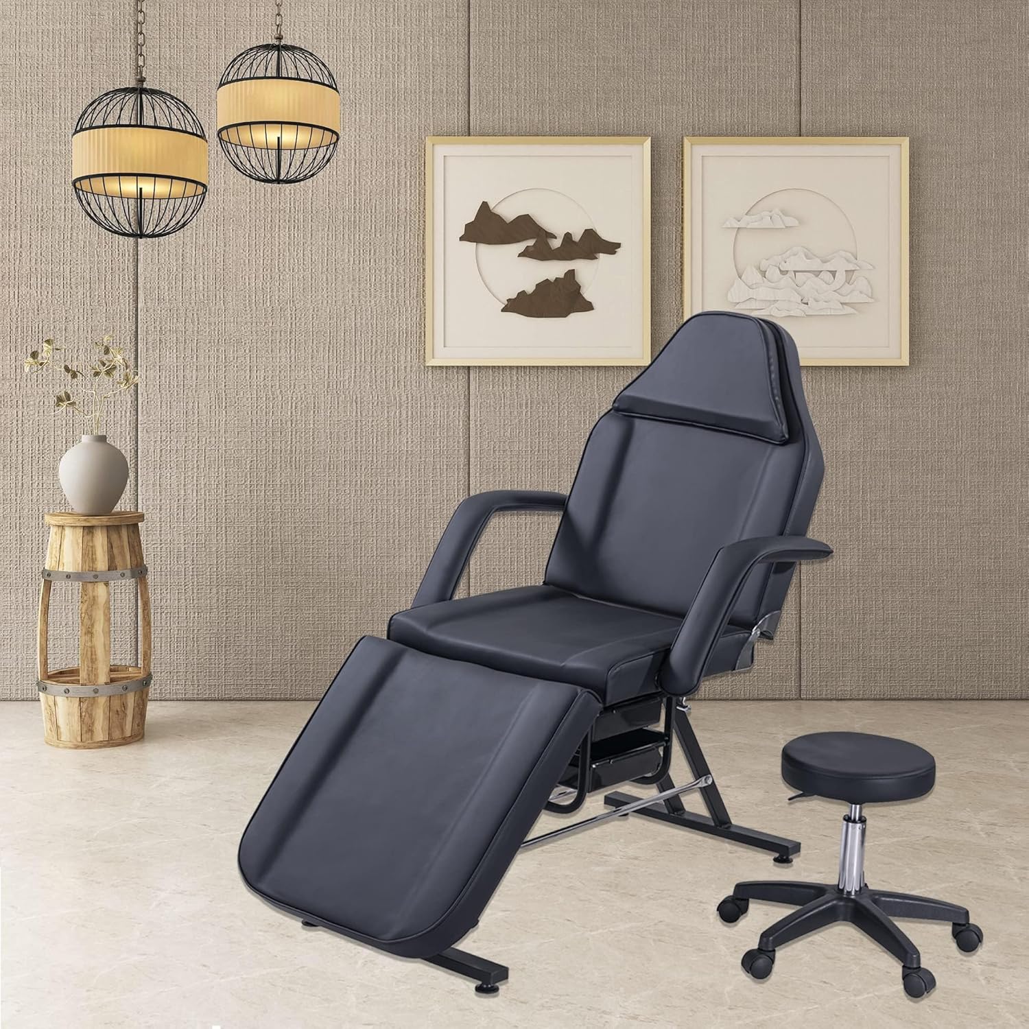 Facial Bed Tattoo Chair with Two Trays Esthetician Beds Adjustable Folding Salon Bed with Hydraulic Stool Massage Chair for Professional Massage Facial Lash Beauty Treatment Spa White