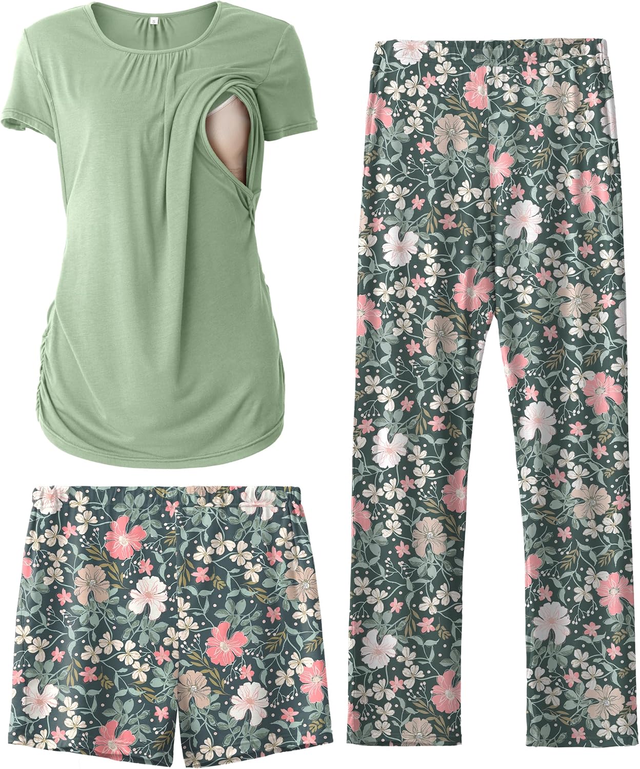 SUNNYBUY Womens Maternity Nursing Pajamas Set, Short Sleeve Breastfeeding Shirts，Pregnancy Shorts & Pants 3 Piece Nursing PJS