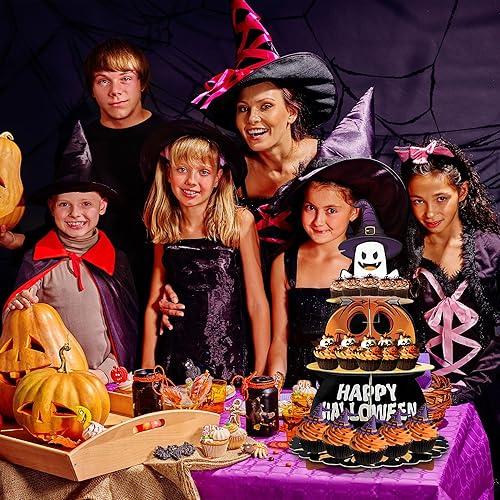 Miniatura 5 de Soporte para magdalenas de Halloween de 3 niveles de cartón, soporte para cupcakes de terror, fiesta temática de terror, cumpleaños, fiesta de