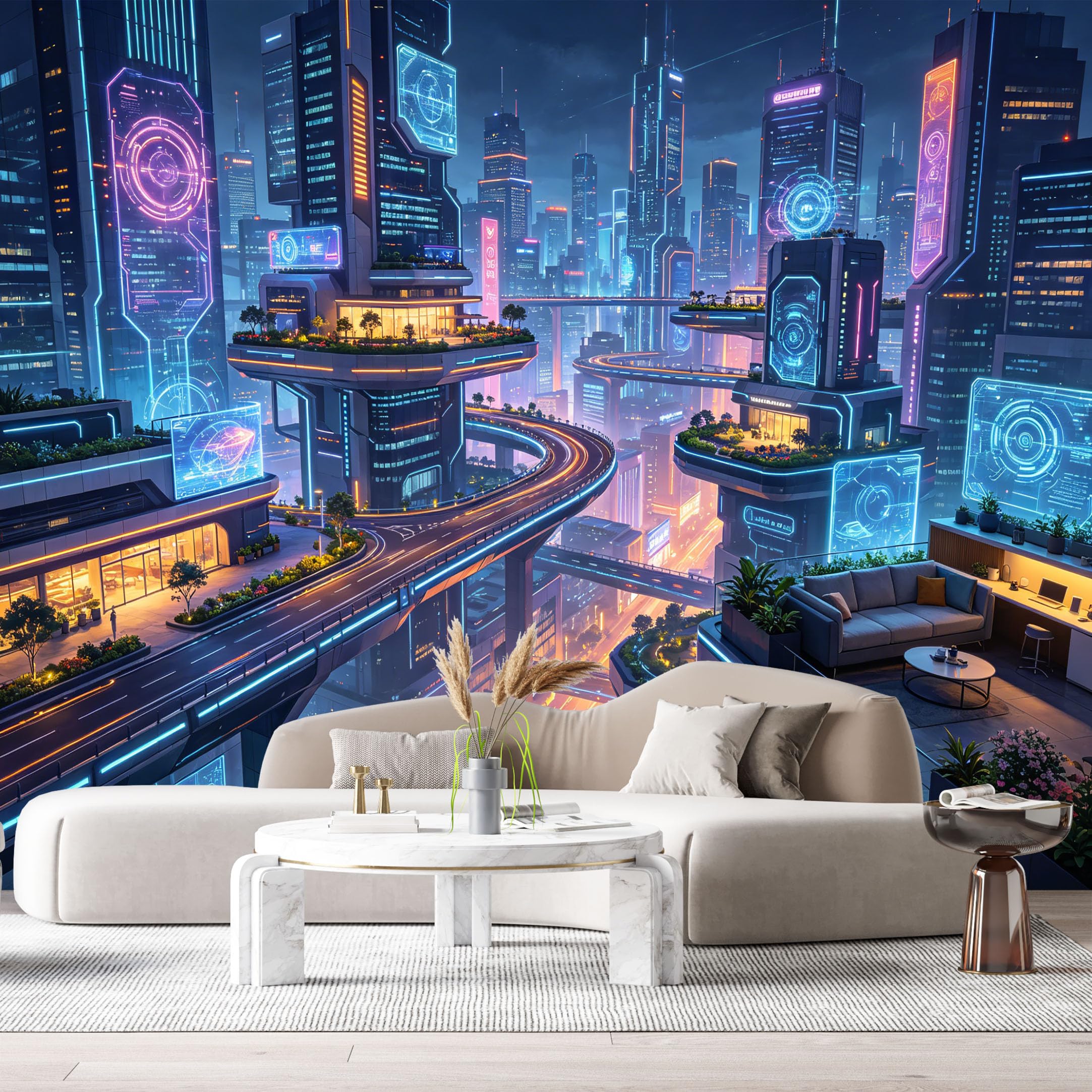 Custom Size Wall Murals Futuristic Cyberpunk Cityscape Modern Architecture Neon Lights Night View SelfAdhesive Wall Fabric Removable Large Wallpaper Photo for Living Room