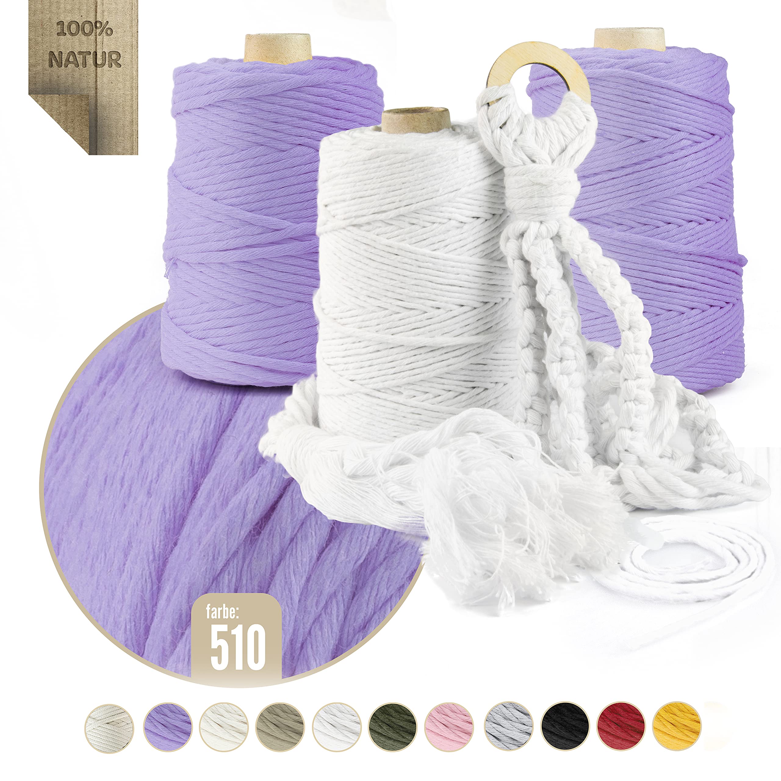Fil de macramé de qualité supérieure - 1000 m - 3 mm - Violet clair - 100 % coton - Cordon naturel - Fil de coton - Décoration artisanale et bricolage
