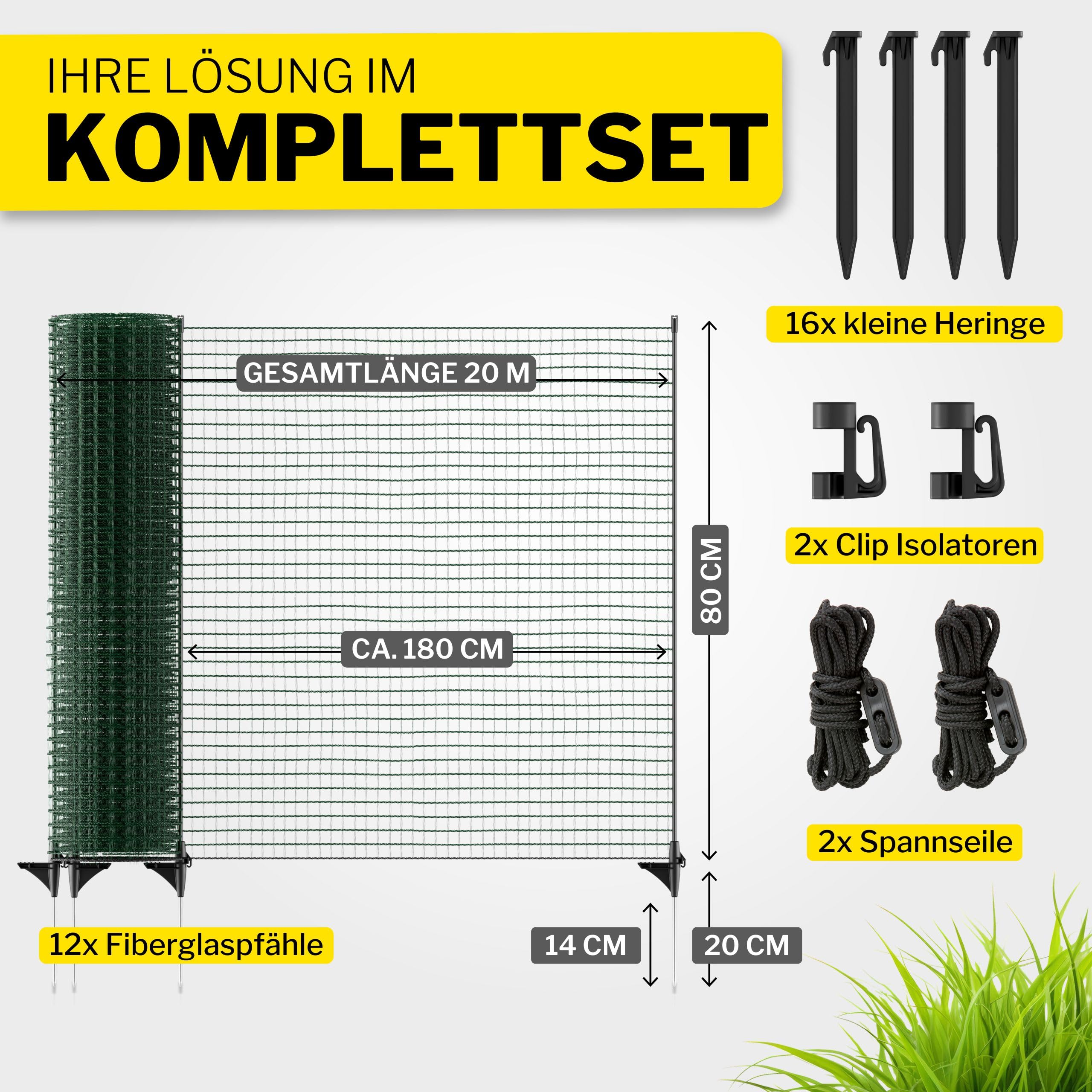 horizont Mobiler Hundezaun 20m x 80cm, 12 Pfähle – Steckzaun / Begrenzungszaun, engmaschiger Weidezaun, ideal als Hundezaun für Camping & Garten