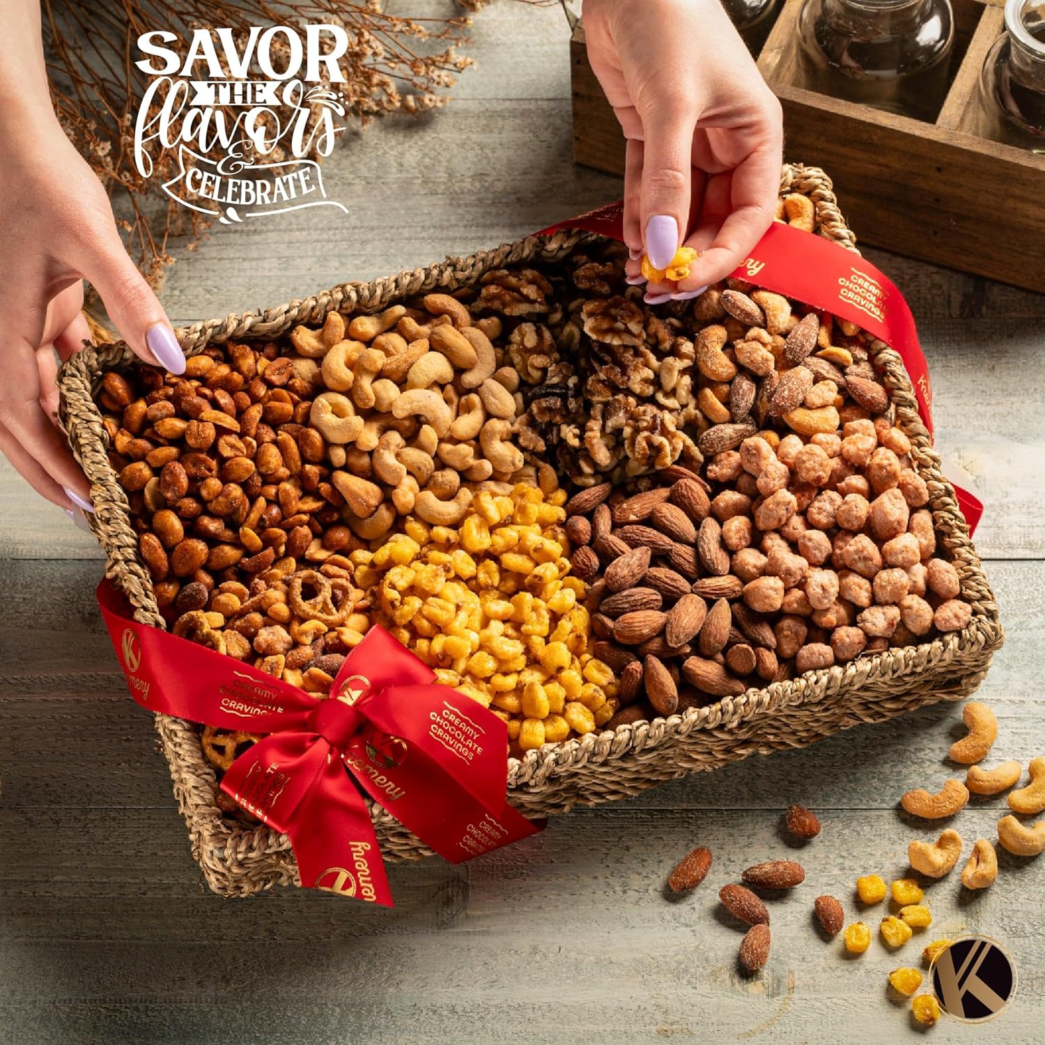 KREMERY Easter Sweet & Savory Nuts and Pretzels Gift Basket (8 Assortments) Healthy Snack Care Package in Seagrass Tray with Ribbon, Kosher