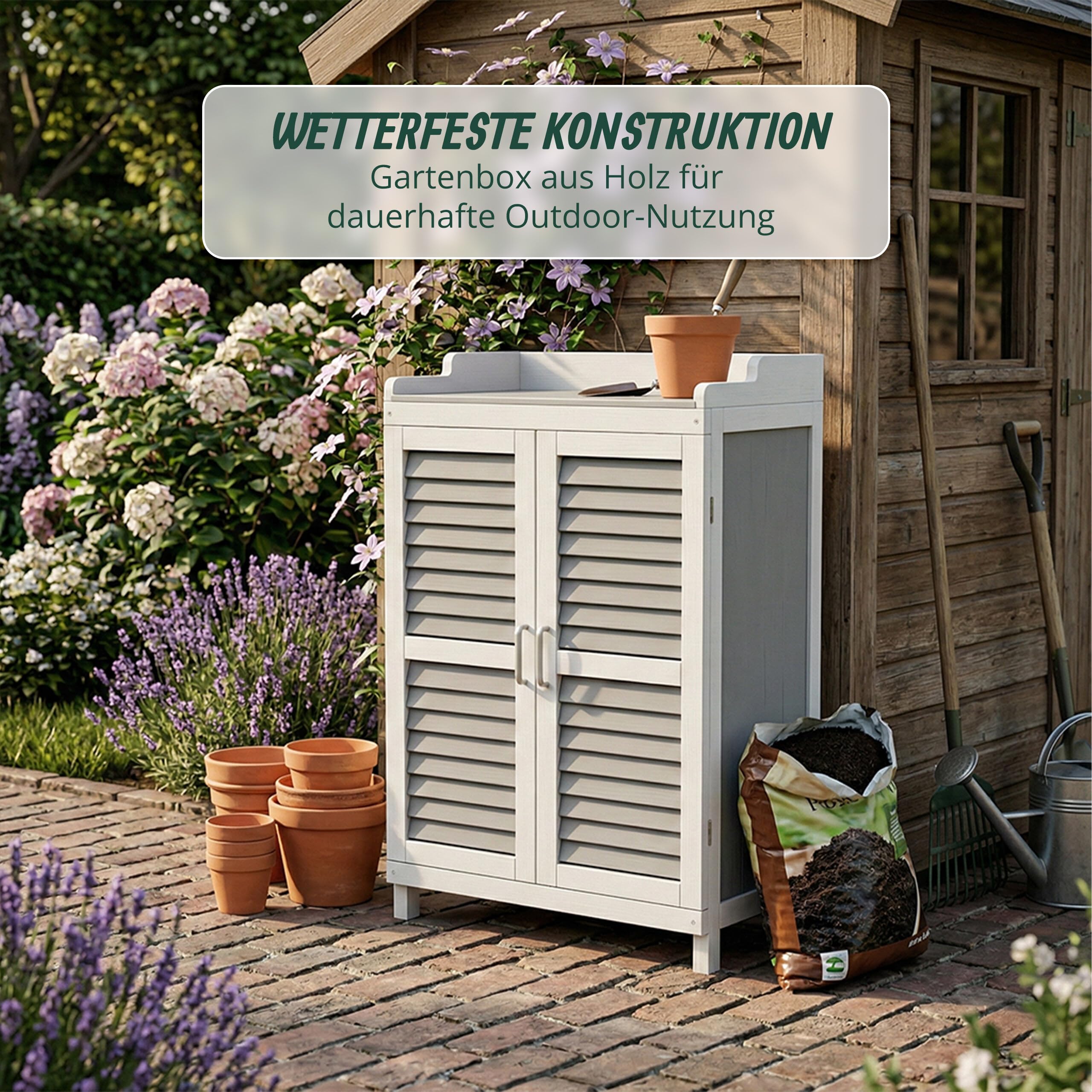 Relaxdays Pflanztisch mit Unterschrank, Holz, Eisen Arbeitsplatte, HxBxT: 100 x 67 x 47 cm, Gartenschrank, grau/weiß