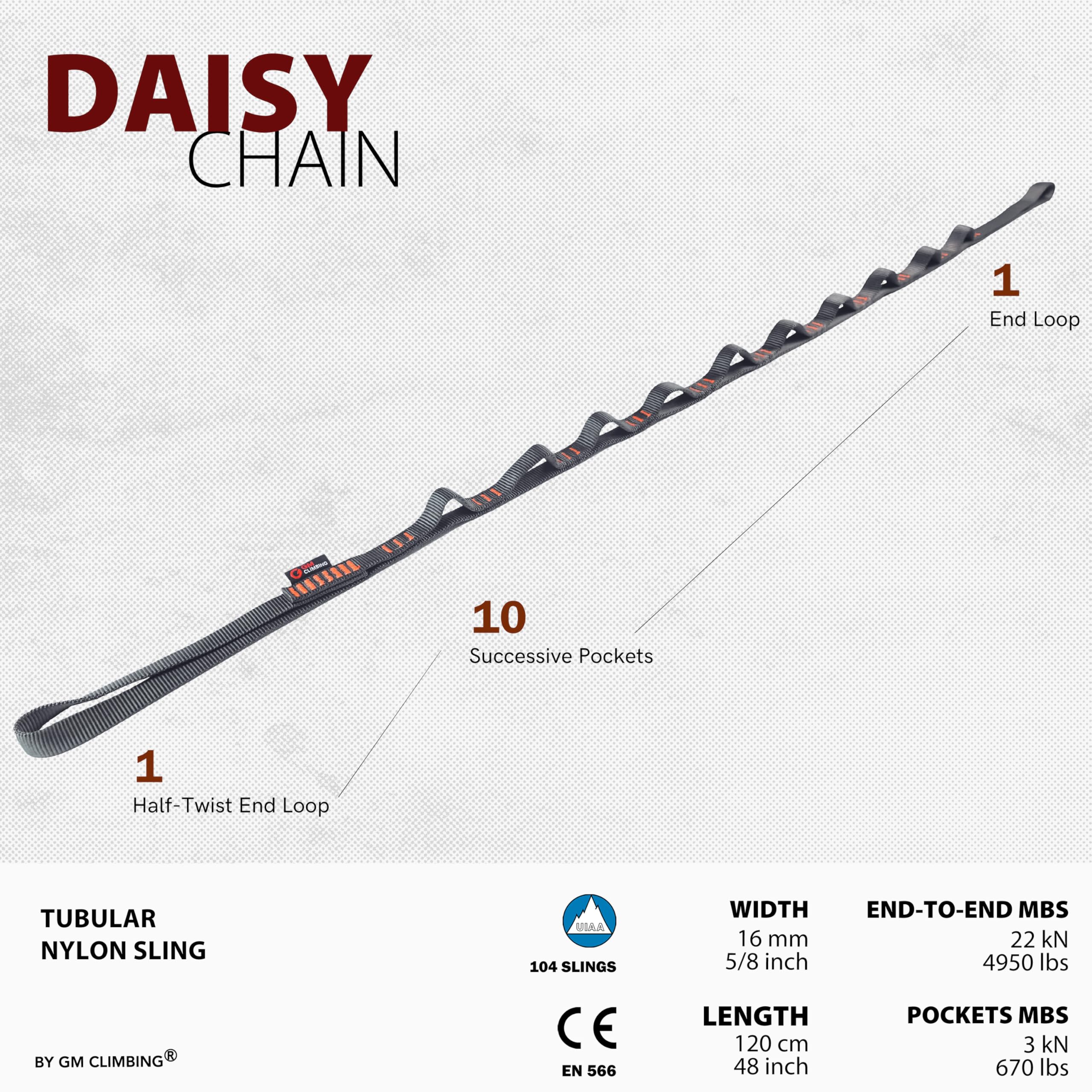 GM CLIMBING Chaîne en nylon de 16 mm - 22 kN - 120 cm - Certifié CE UIAA - Pour aide au leader, escalade, gréement, suspension