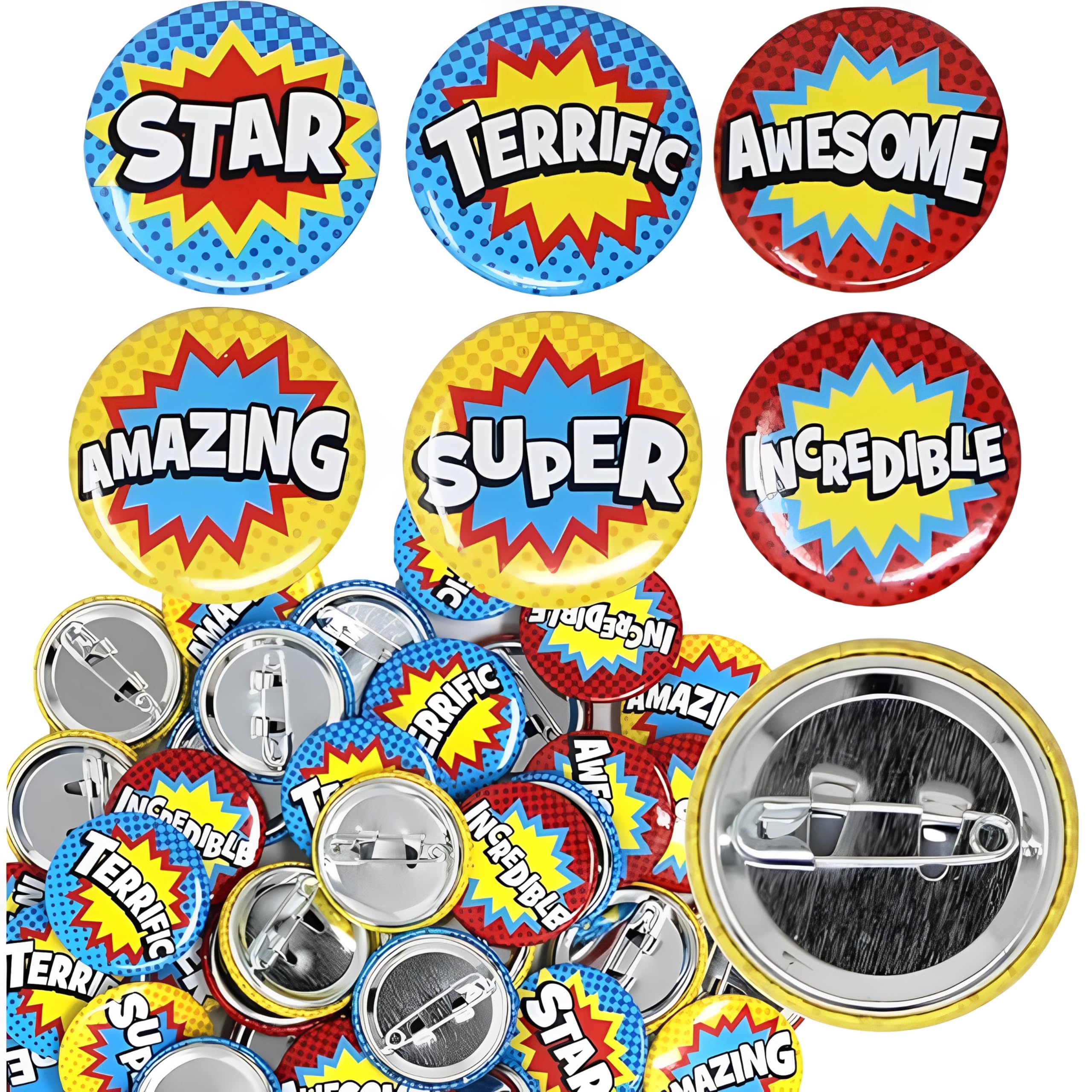 Fun Express Colorful Superhero Mini Reward Metal Buttons (Pack of 48) - Ideal for Classroom Prizes, Student Rewards, Party Favor & Giveaways