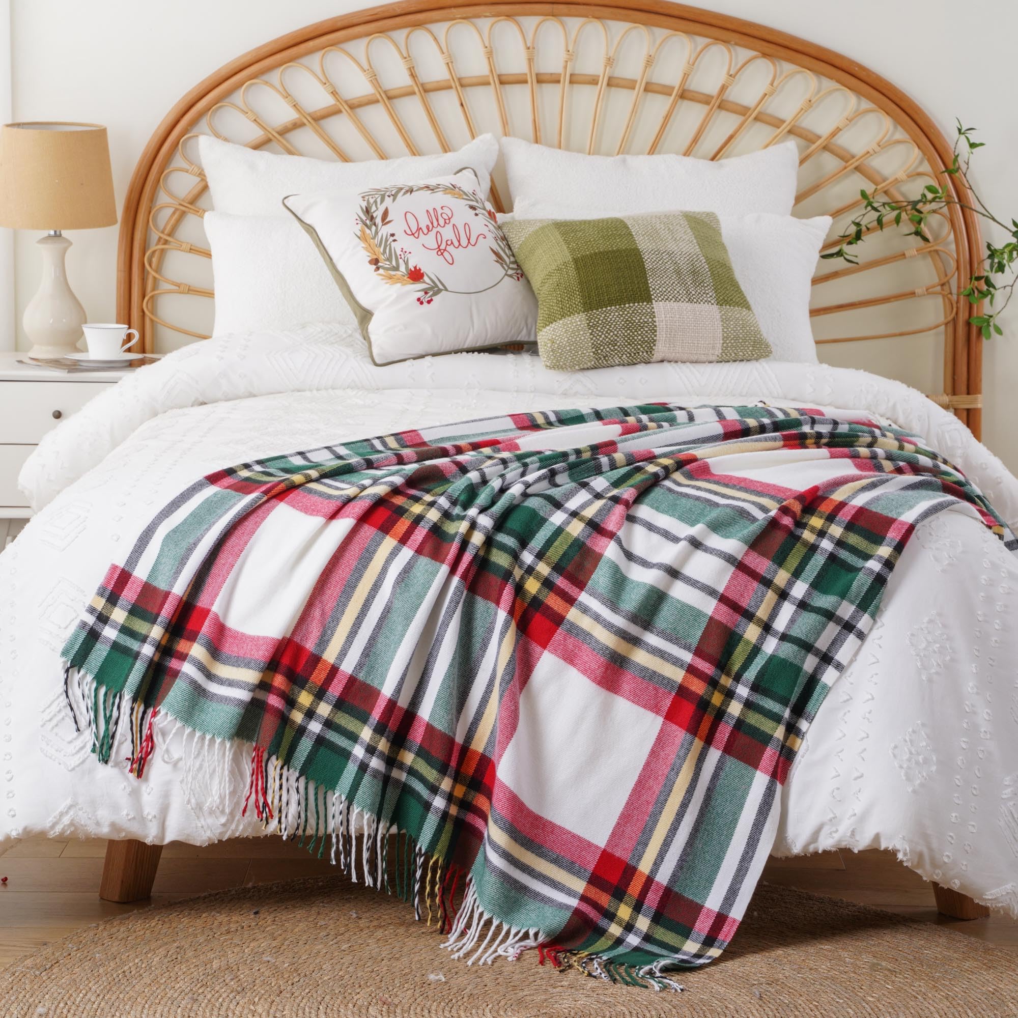 BATTILO HOME White Green Plaid Throw Blanket for Couch Bed Decorative Red Green Sofa Throws - Image 4