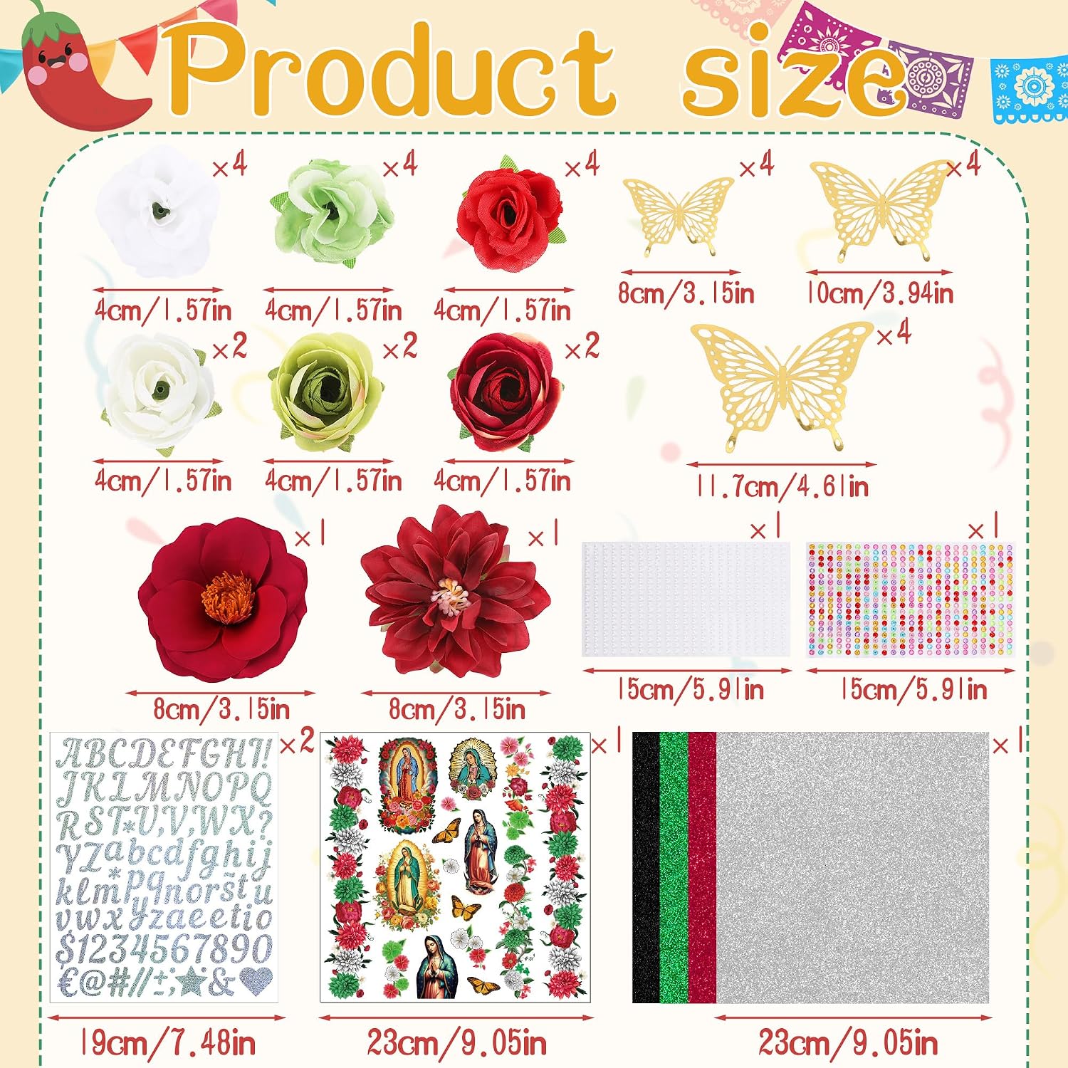 Mexican Graduation Cap Decorations, 41 Pcs 2026 Grad Cap Topper Decorations DIY Kit with Artificial Flowers, 3D Butterfly, Rhinestones Pearls Alphabet Stickers for 2026 Graduate Decor Gifts