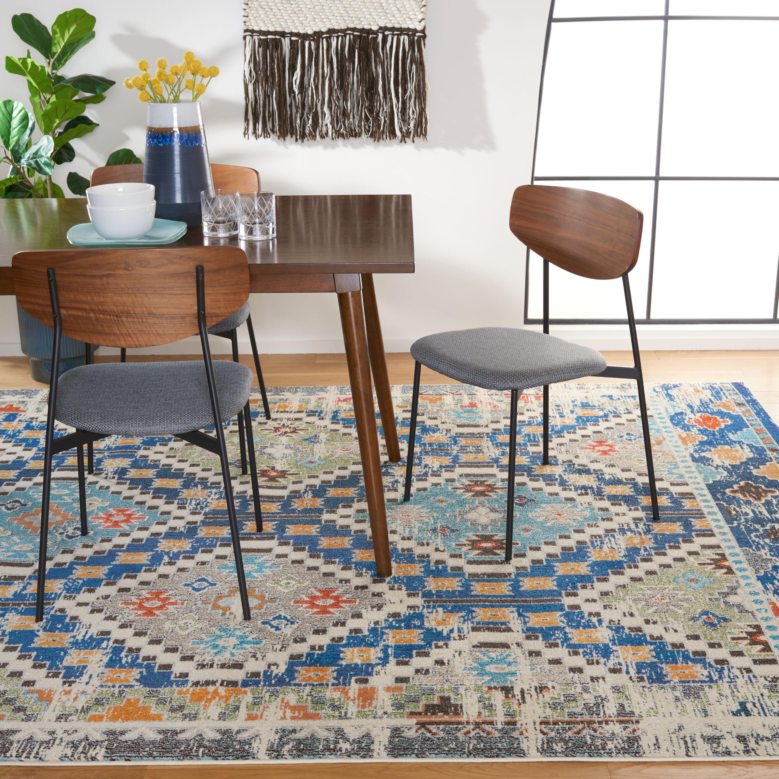 SAFAVIEH Area Rug 8x10 - Madison Collection - Large - Navy & Beige, Boho Diamond Distressed Design, Non-Shedding & Easy Cleaning, Ideal for Living