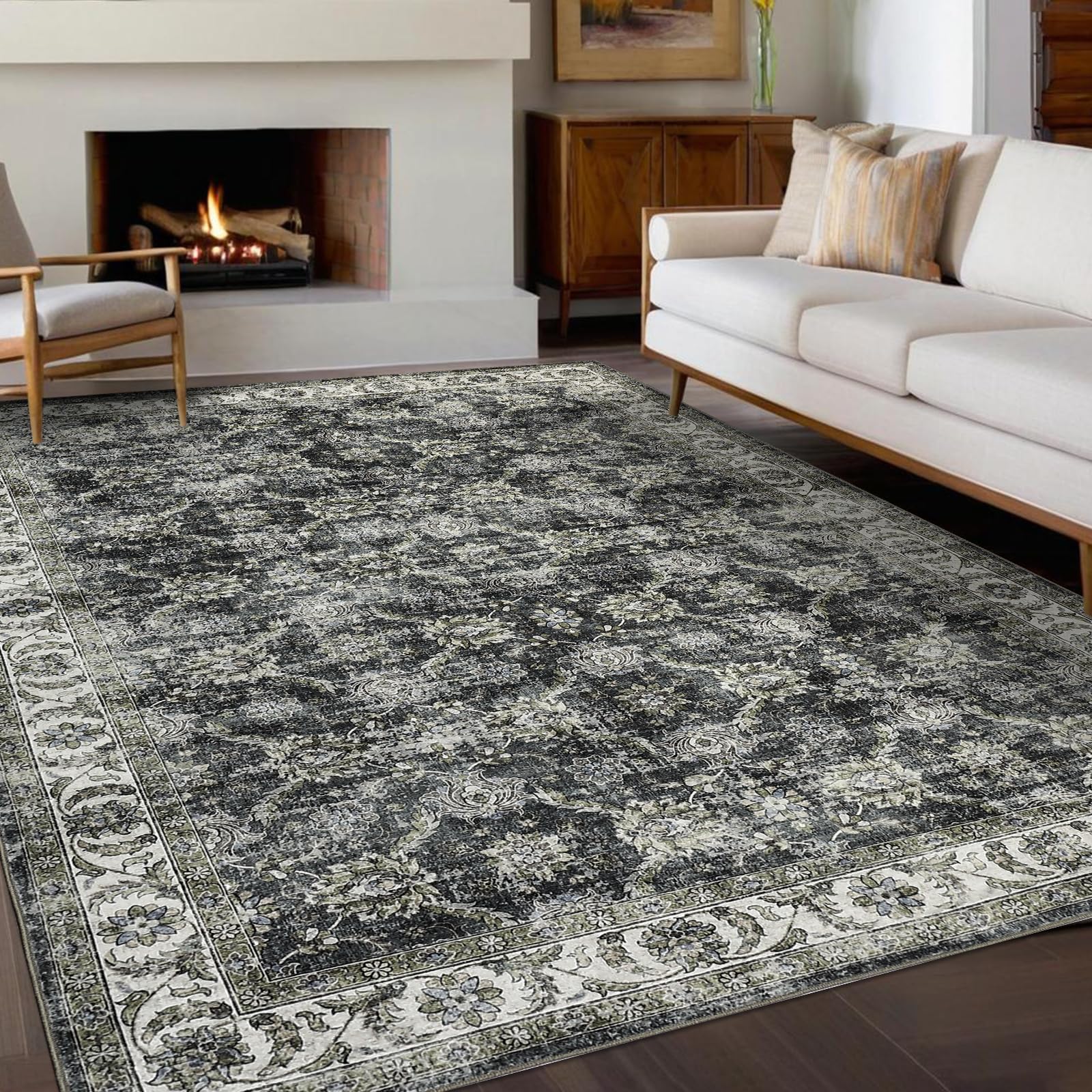 Tapis Salon Vintage Persan Lavable, Polyester Doux Ras (350 g/M²), Antidérapant TPR, Pliable, Chambre/Couloir/Cuisine