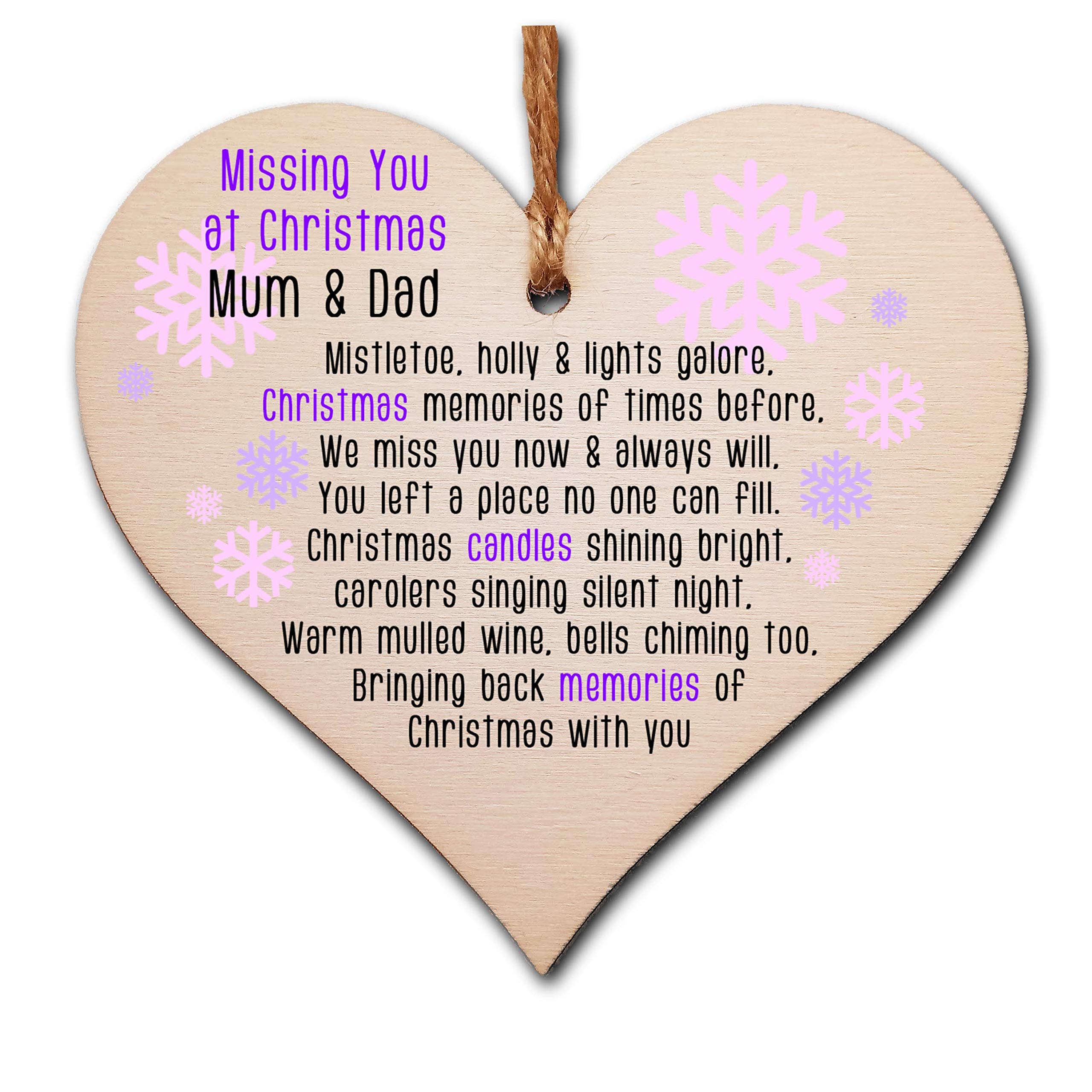 The Plum Penguin Handmade Wooden Christmas Hanging Heart Plaque Gift Missing you at Xmas sentimental rememberance present tree decoration pink snowflakes lost loved ones