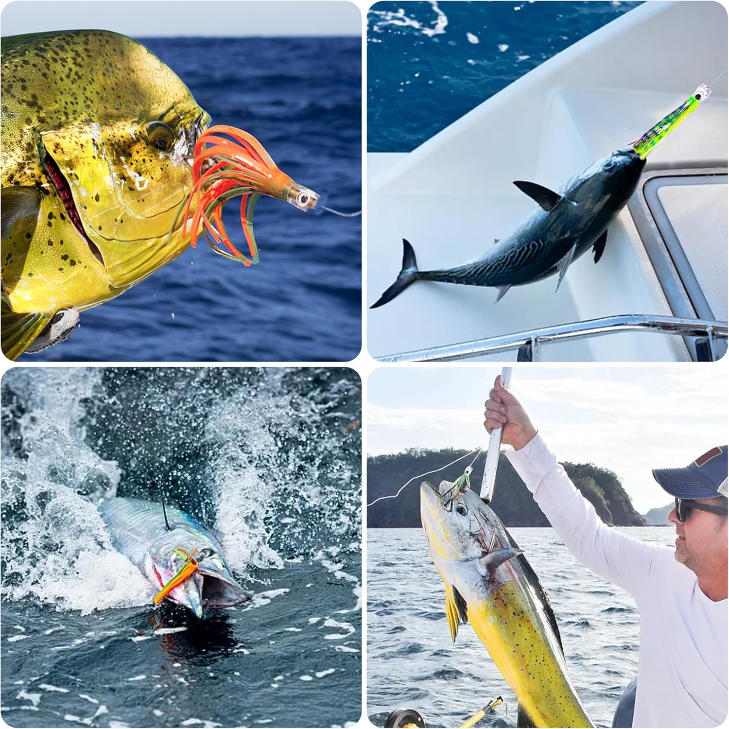 Saltwater Fishing Lures 6/9inch Trolling Lures for Marlin Mahi Tuna Dolphin Shark Big Game Deep Sea Fishing Baits Squid Skirts Rigged Hooks Ocean Gear Tackle