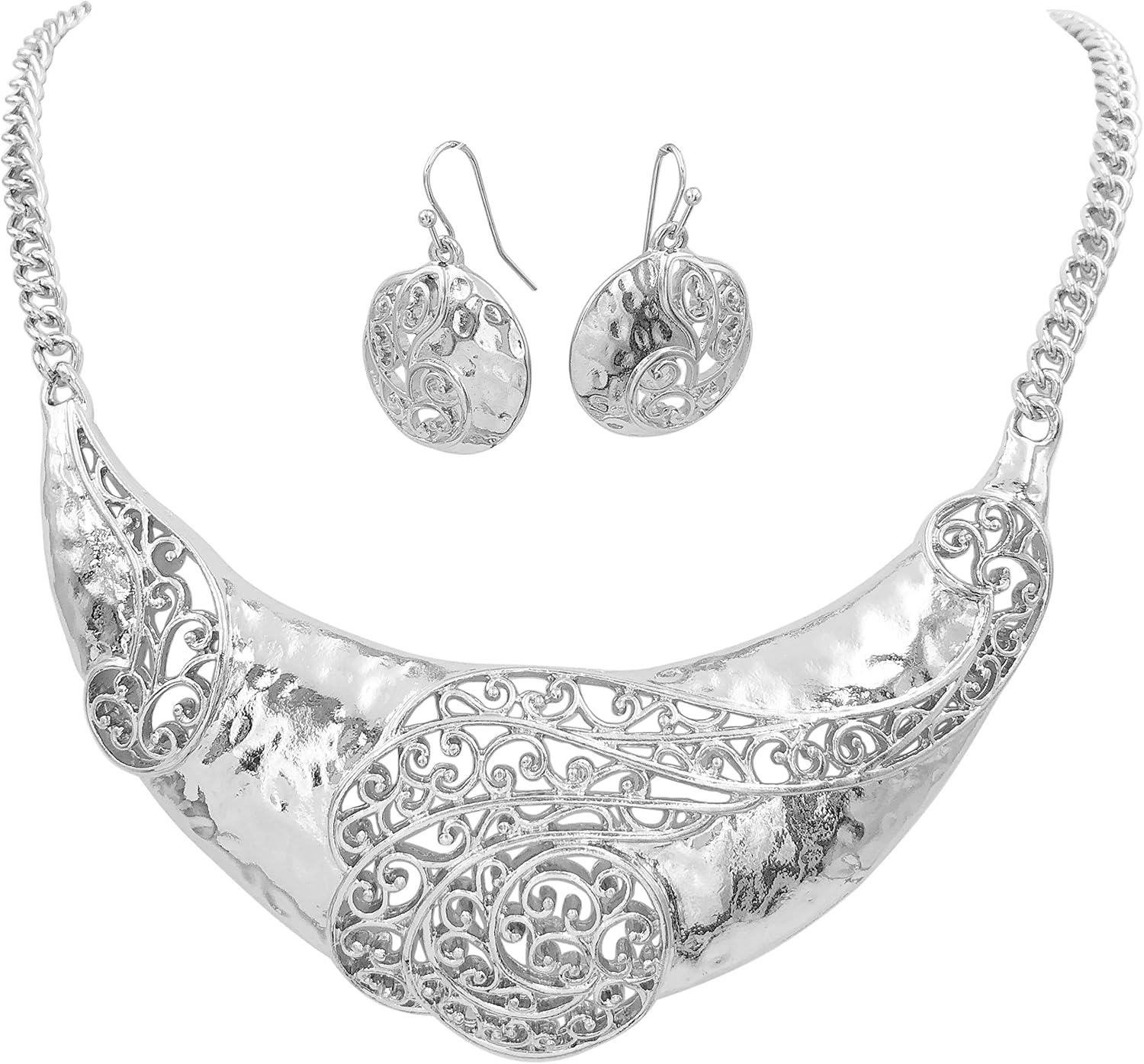 Gypsy Jewels Silver Tone Scoop Boutique Style Bib Chunky Statement Necklace & Earring Set