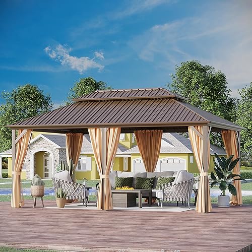 GAZEBEST Gazebo de aluminio para exteriores, de 12 x 18 pies, de acero galvanizado, doble techo, con malla y cortinas, para jardín, patio, terraza y