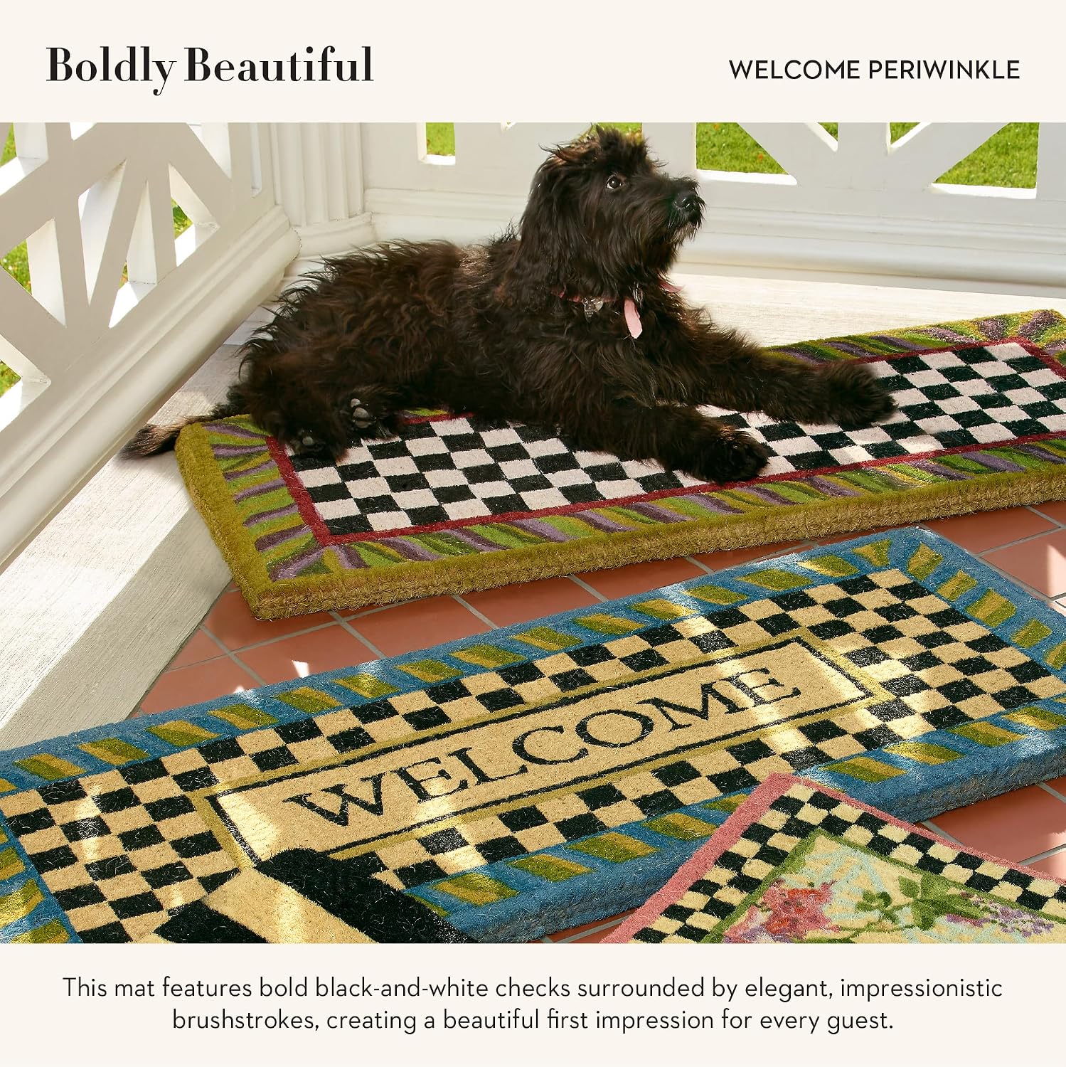 MACKENZIE-CHILDS Entrance Mat, Decorative Outdoor Front Door Mat, Coir Door Mat, Welcome Periwinkle