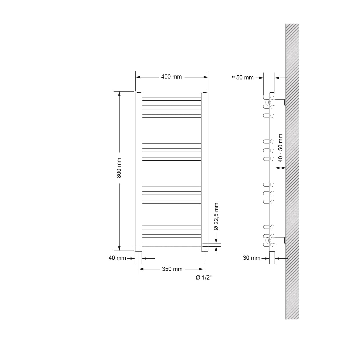 ECD Germany Radiador toallero Eléctrico - 400 x 800 mm - Blanco - Curvado - con conexión Lateral - Radiador toallero Moderno secador y calnetador de Toallas - 600W - Radiador Calefactor de Toallas