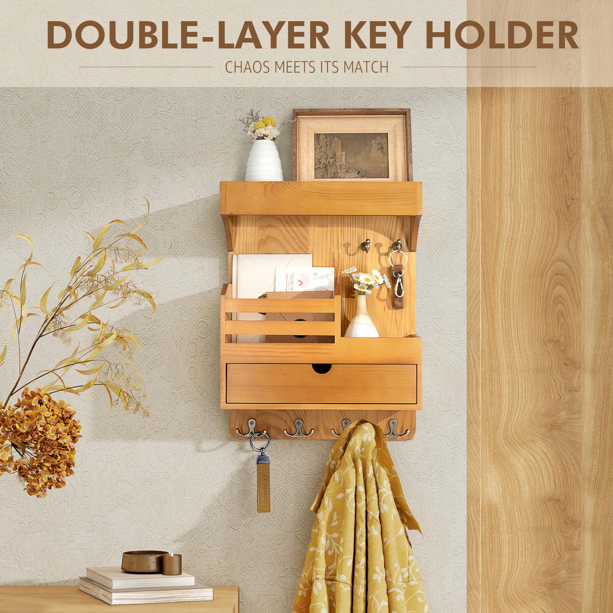 Moderno portachiavi da parete con organizer per cassetti, pratico organizer per posta e chiavi, con 6 ganci resistenti e mensola sospesa da parete, ideale per illuminare l'arredamento della tua casa