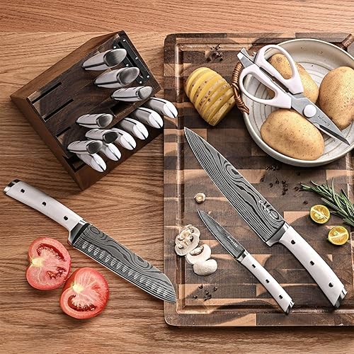 Miniatura 6 de Emojoy - Juego de cuchillos de cocina de 18 piezas con bloque de madera, juego de bloques de cuchillos de acero inoxidable alemán con afilador